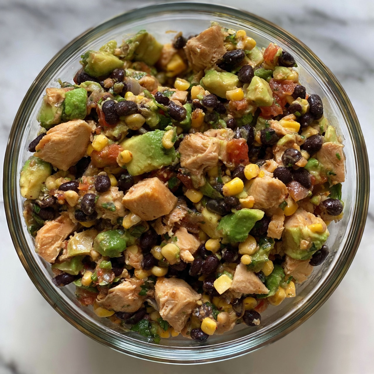 square image A clear round glass bowl filled with a colorful mixed salad that has several visible layers and textures. The salad contains chunks of cooked chicken with a light brown color, bright green avocado pieces, dark black beans, small yellow corn kernels, and red tomato bits, all stirred together with some green leafy bits scattered around. The texture looks soft and fresh with no extra sauce visible, sitting on a white marbled surface. photo taken with an iphone --ar 4:5 --v 7