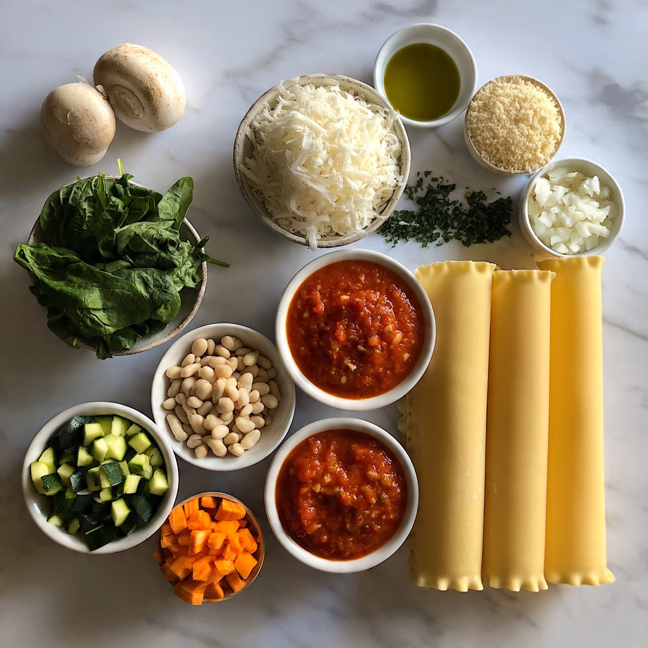 square image The image shows various ingredients for making lasagna arranged neatly on a white marbled surface. There are three long, uncooked lasagna sheets placed vertically on the bottom right. Nearby, a small white bowl contains red tomato sauce with a smooth texture. Above it is a bowl of shredded white cheese. To the left is a bowl of fresh spinach leaves, dark green and slightly crinkled. Next to the spinach, there are small bowls with diced green zucchini, small white beans, and diced orange carrots. Two whole mushrooms sit at the top left corner. Small bowls with olive oil, cream-colored grated parmesan cheese, chopped white onions, and fresh chopped herbs are scattered around. The colors are bright, and the textures range from smooth sauces to rough chopped vegetables. The setup is clean and well-organized, with natural light highlighting the freshness of the ingredients. photo taken with an iphone --ar 4:5 --v 7