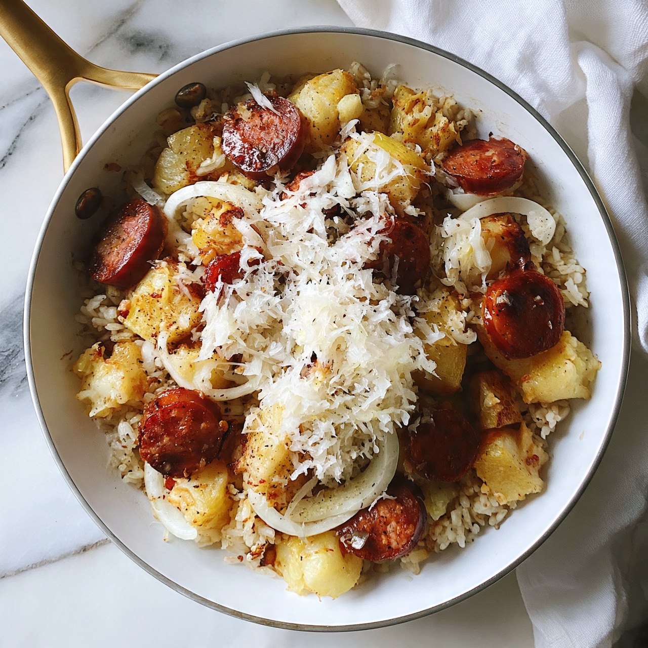 square image A white pan with a gold handle filled with a layered dish showing cooked rice at the bottom, topped with chunky pieces of light golden-brown potatoes, slices of browned sausage with a reddish-brown color, thin white onion slices, and a scattering of shredded white sauerkraut on top, all mixed together and lightly seasoned, sitting on a white marbled surface with a white cloth beside it photo taken with an iphone --ar 4:5 --v 7