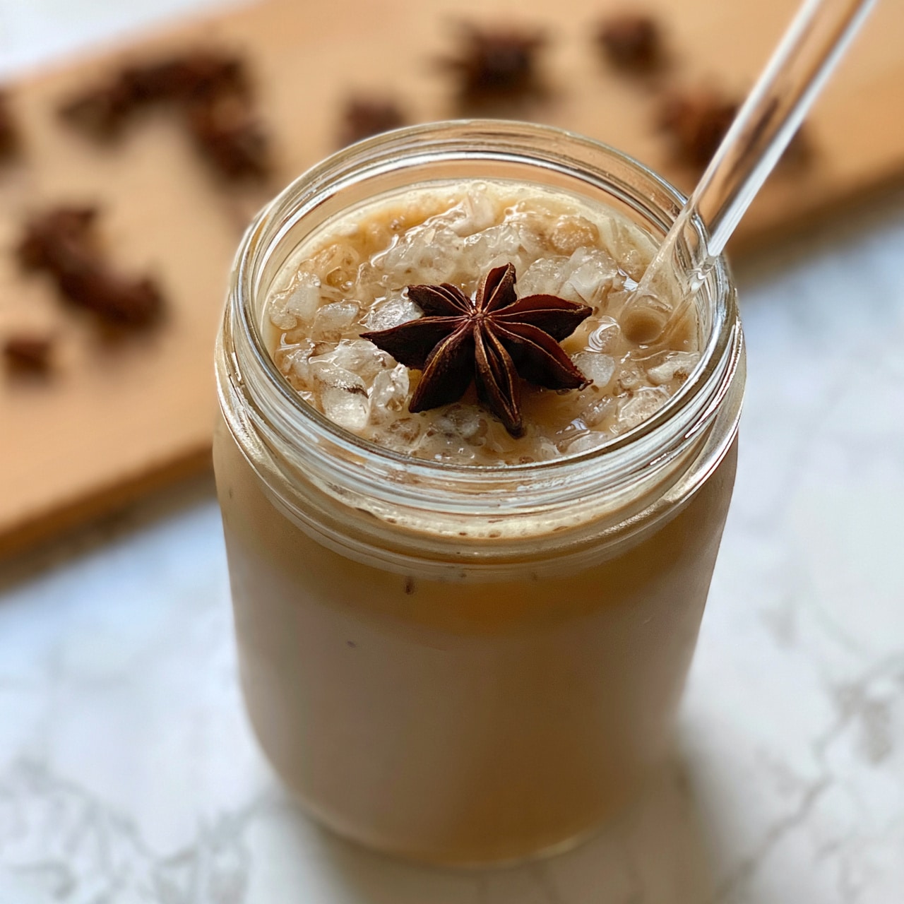 square image A clear glass jar filled with light brown iced coffee with visible ice cubes near the top, topped with a single dark brown star anise in the center; a transparent straw is inserted on the right side of the jar, placed on a light wooden surface with blurred star anise pieces in the background, all on a white marbled texture. photo taken with an iphone --ar 4:5 --v 7square image