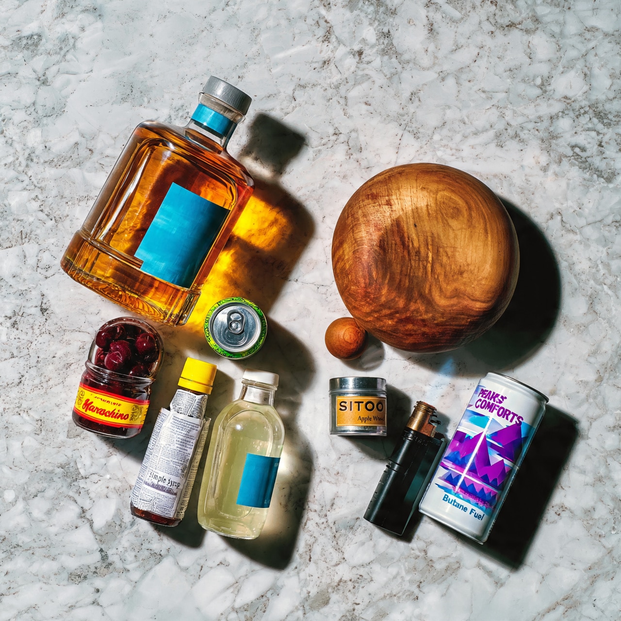square image The image shows two groups of objects on a white marbled surface. On the left side, there is a large bottle of amber-colored liquor with a blue label, a small jar with a red and yellow label of maraschino cherries, a small green can of lemon-lime soda, a bottle of aromatic bitters with a yellow cap, and a clear bottle of simple syrup with a blue label. On the right side, there is a round wooden object with a smaller wooden sphere beside it, a small metal container labeled