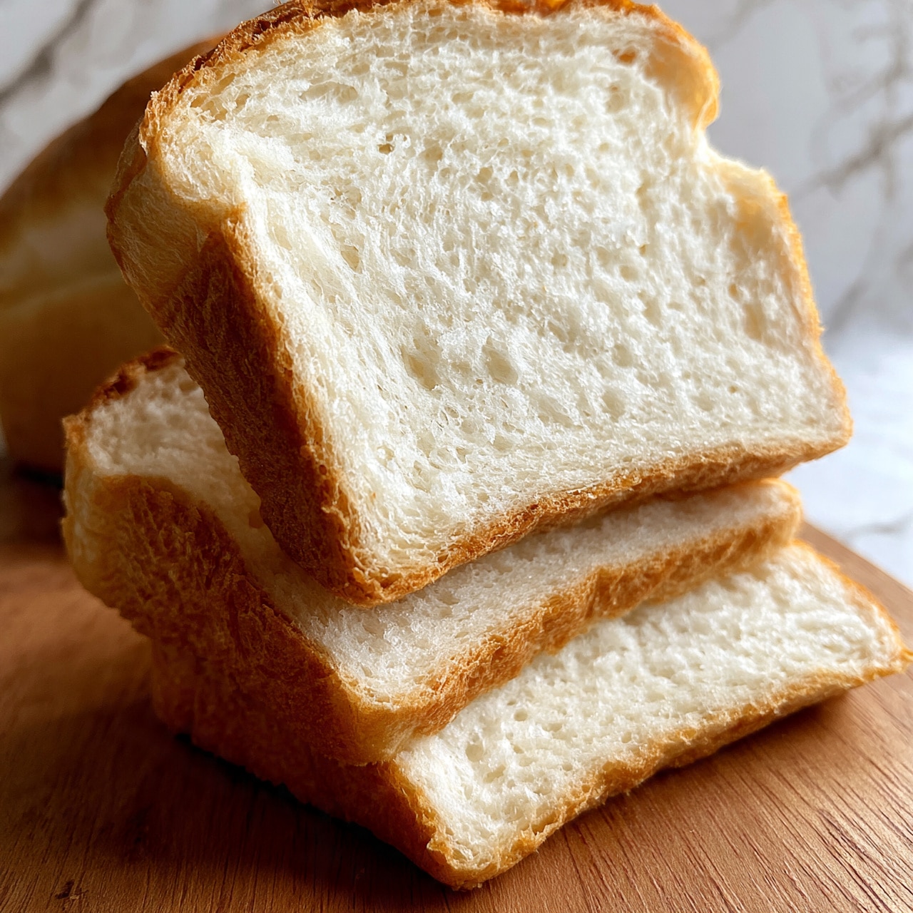 square image The image shows three slices of white bread stacked slightly unevenly on a wooden surface with a white marbled texture in the background. The bread has a golden-brown crust on the edges and soft, white, fluffy centers with a slightly rough texture. The slices are thick, and the top slice is leaning against a loaf of bread visible in the background. There are no other items or decorations in the image. photo taken with an iphone --ar 4:5 --v 7