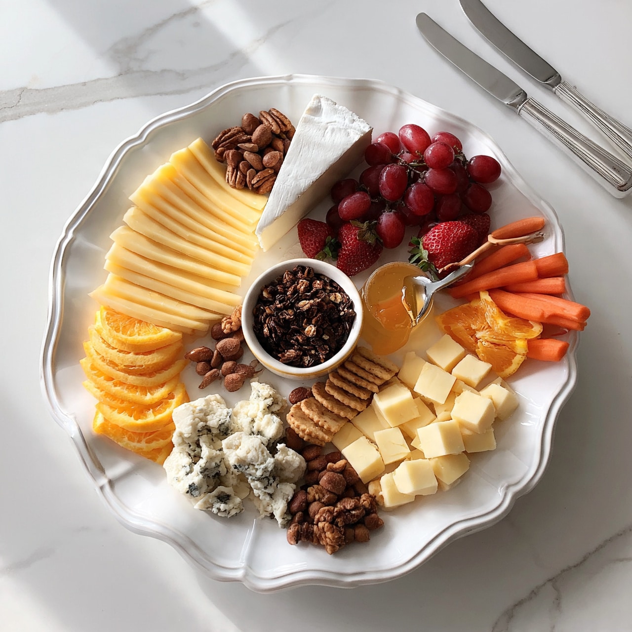square image The image shows a white scalloped-edge round plate filled with a colorful cheese and snack board on a white marbled surface. The plate holds several types of cheese arranged in sections: a wedge of soft white cheese near the top center, slices of yellow cheese lined up near the left edge, small cubes of pale yellow cheese near the bottom right, and pieces of creamy blue cheese close to the bottom left. In the center, there is a small bowl filled with dark granola or nuts, and a dollop of honey in a small container with a spoon nearby. Fresh red grapes and strawberries sit near the top right, adding bright color, while orange slices and carrot sticks provide splashes of orange along the edges. Brown nuts and round crackers are scattered in small piles around the cheeses for texture. Two silver knives are placed off to the top right corner, and the whole plate is set on a clean white marbled surface. Photo taken with an iphone --ar 4:5 --v 7