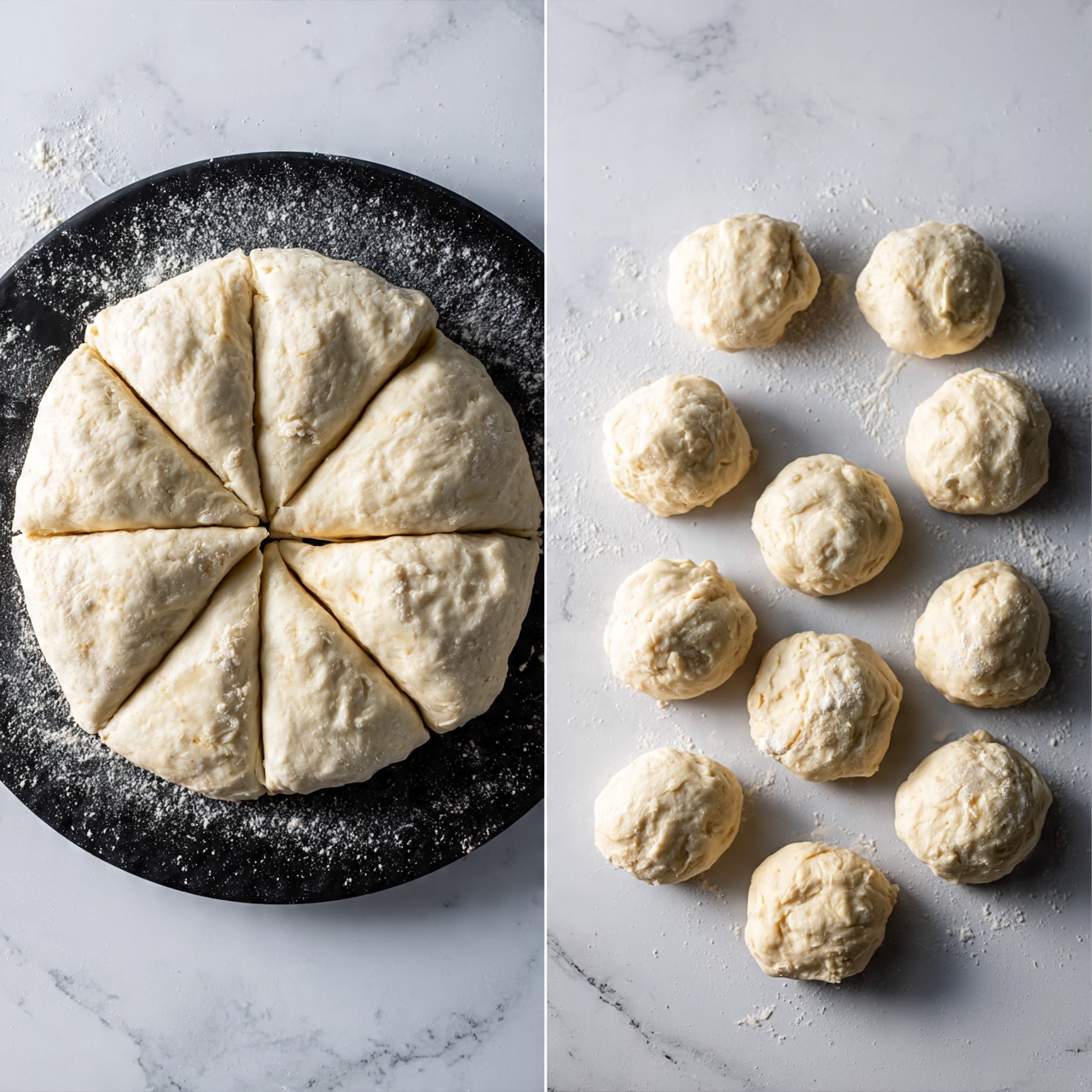 square image The image shows two stages of dough preparation on a round black board dusted with flour placed on a white marbled surface. On the left side, the dough is shaped into a large circle and sliced into eight triangular pieces, each piece having a soft, slightly puffy texture with a light off-white color. On the right side, the dough pieces have been rounded into eight small, smooth dough balls, arranged loosely with some space between each, showcasing their soft, slightly bumpy surface. Both parts of the image highlight the dough’s pale cream color and light flour dusting for a fresh, homemade look. photo taken with an iphone --ar 4:5 --v 7
