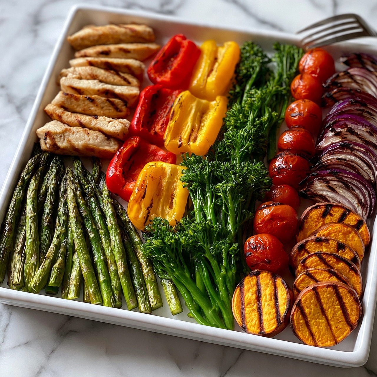 square image The image shows a white rectangular tray filled with grilled vegetables and chicken strips arranged in neat sections. On the left, there are green grilled asparagus stalks at the bottom and light brown grilled chicken strips with grill marks at the top. In the middle, brightly colored grilled red and yellow bell pepper halves are placed next to bright green broccolini. On the right side, a row of small, round, red grilled cherry tomatoes is placed next to some grilled red onion slices and round slices of golden-brown grilled sweet potato with clear grill lines. The tray is on a white marbled surface with a fork resting on the top right corner. Photo taken with an iphone --ar 4:5 --v 7