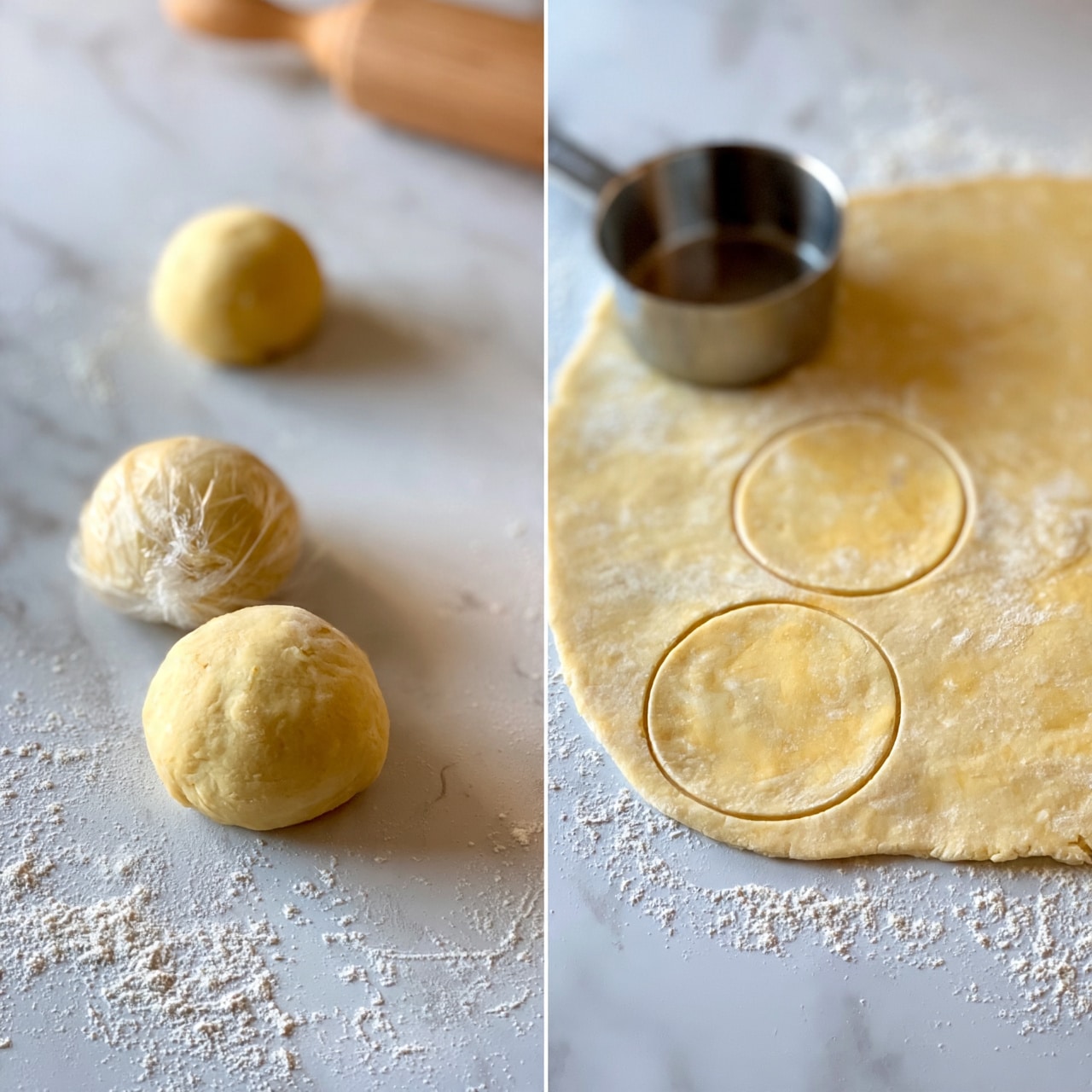 square image The image shows two side-by-side close-up views of dough on a white marbled surface lightly dusted with flour. On the left side, there are two small, round dough balls, one wrapped in plastic and the other plain, with a wooden rolling pin partly visible near the top right. On the right side, a large sheet of dough is rolled out flat, and a metal measuring cup is used to cut round circles. Three clear dough circles are visible, with soft yellow tones and smooth textures. The surface has some flour scattered around the dough. photo taken with an iphone --ar 4:5 --v 7square image