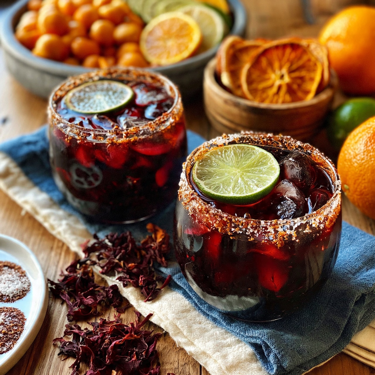 square image Two round glasses filled with dark red iced drink sit on a blue and white cloth on a wooden surface. Each glass has ice cubes and a green lime slice floating on top, with rims coated in a mix of salt and spice. Behind them, there is a gray bowl full of whole small orange fruits and slices of orange and lime. Beside the bowl, a wooden bowl contains dried orange slices. On the wooden surface near the drinks, dried dark red flower petals are spread out. A white plate with circles of salt and spice sits on the left side of the frame. Two whole oranges and a lime can be seen on the right side of the scene. Photo taken with an iphone --ar 4:5 --v 7