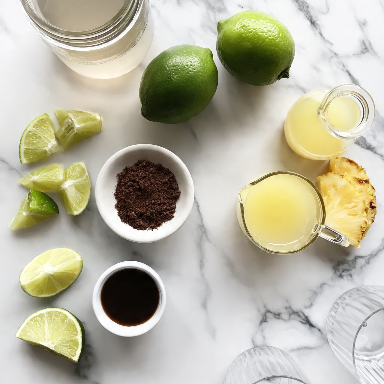square image The image shows a white marbled surface with various ingredients arranged on it. At the top is a glass jar filled with a light liquid, and nearby are two whole green limes and several lime wedges scattered around. A small white bowl contains a dark brown powder, and near it is a small white cup with a dark liquid inside. There is a small glass pitcher holding a pale yellow juice, with a few pineapple slices placed on the side. At the bottom right, there are transparent glasses partially visible. The items are arranged loosely, giving a fresh and natural feeling. Photo taken with an iphone --ar 4:5 --v 7