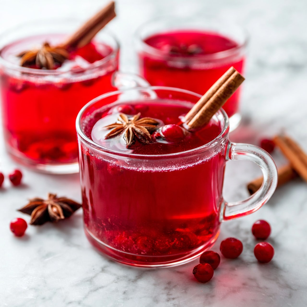 square image The image shows two clear glass cups filled with bright red drink placed on a white marbled surface. Each cup has a cinnamon stick and star anise floating on top, with small red berries scattered inside the drink and around the cups. The drink looks warm and inviting with a smooth surface, and the light shines softly on the glass, highlighting the rich red color. Some loose berries, star anise, and cinnamon sticks lie on the surface around the cups, adding texture and detail to the scene. photo taken with an iphone --ar 4:5 --v 7