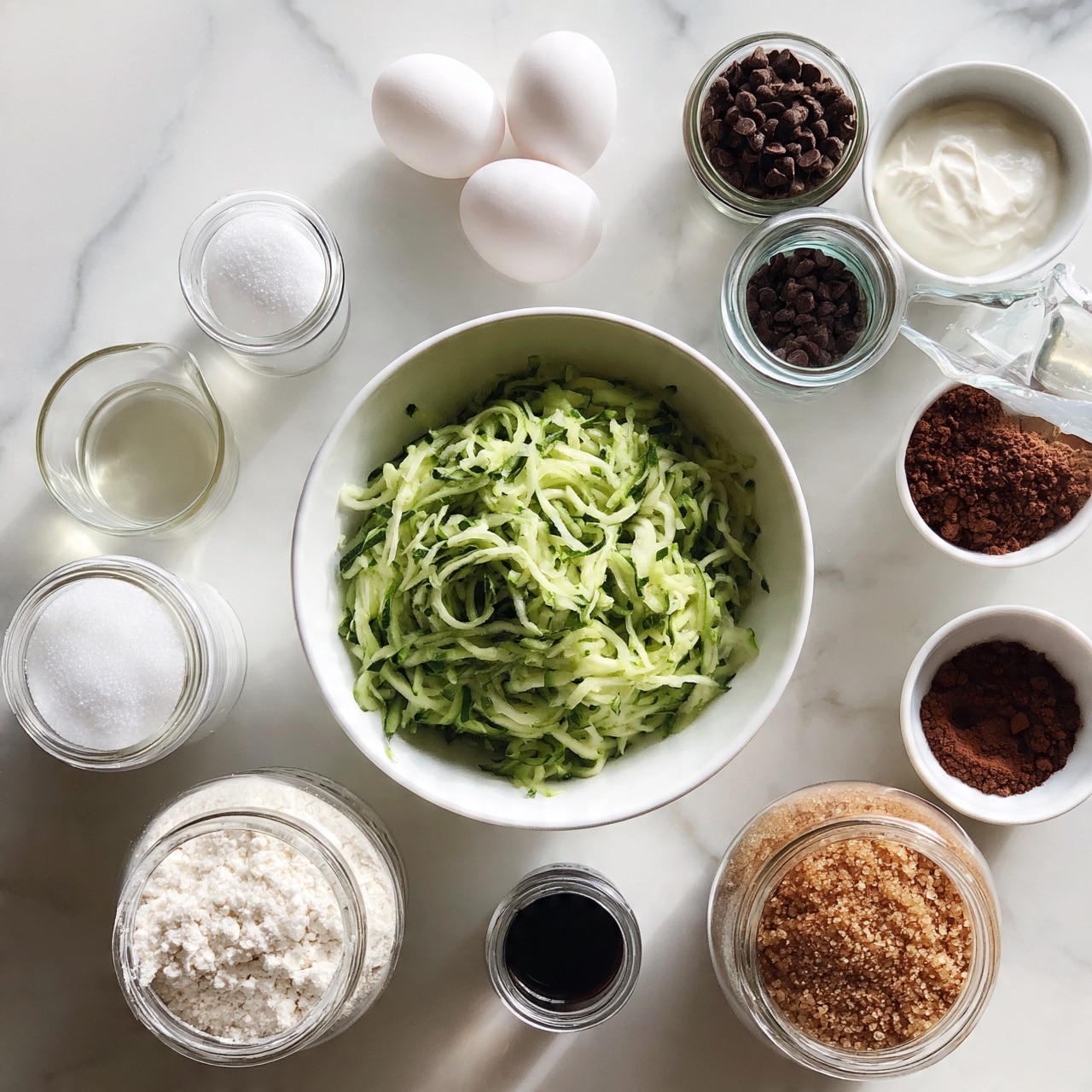 square image A white bowl in the center holds shredded green zucchini with a moist texture. Around it, there are glass jars and small white bowls arranged neatly on a white marbled surface, containing various ingredients: a larger glass jar with white flour on the bottom left, a smaller glass jar with white sugar above it, a very small glass jar with black vanilla extract near the bottom center, a round glass jar with brown sugar on the right side, a small jar filled with small dark chocolate chips above the brown sugar, a small white bowl with brown cocoa powder on the right, a small white bowl with white sour cream above it, a glass measuring cup with clear oil next to the cocoa powder, and two white eggs positioned at the top center beside a small glass jar with a white powder, likely baking soda. The image is clean and bright. photo taken with an iphone --ar 4:5 --v 7