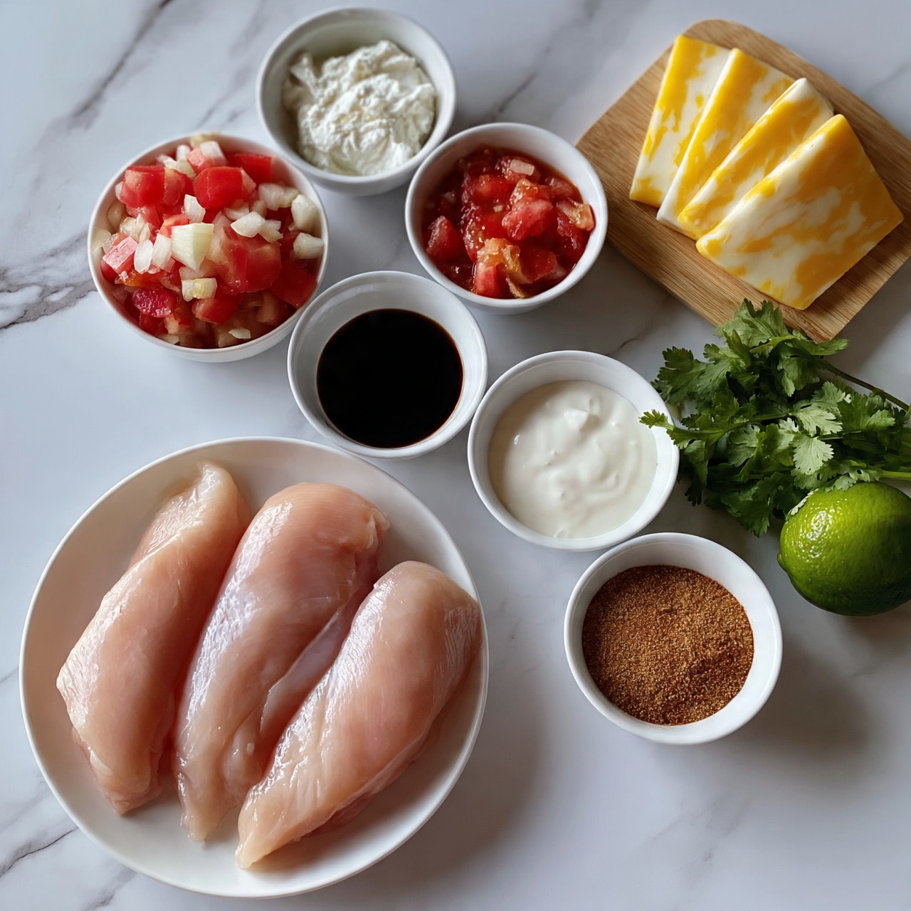 square image The image shows an overhead view of various cooking ingredients arranged neatly on a white marbled surface. At the bottom left, there is a white plate holding three raw skinless chicken fillets, light pink and smooth. Around the plate are small white bowls with colorful ingredients: diced tomatoes and onions mix, sour cream, diced tomatoes with sauce, a dark soy-like sauce, white creamy sauce, and brown spices arranged evenly in another bowl. To the top right, a small wooden board holds four slices of yellow and white marbled cheese, with fresh green cilantro and a bright green lime nearby. A woman's hand is not visible but the layout emphasizes neatness and freshness. Photo taken with an iphone --ar 4:5 --v 7