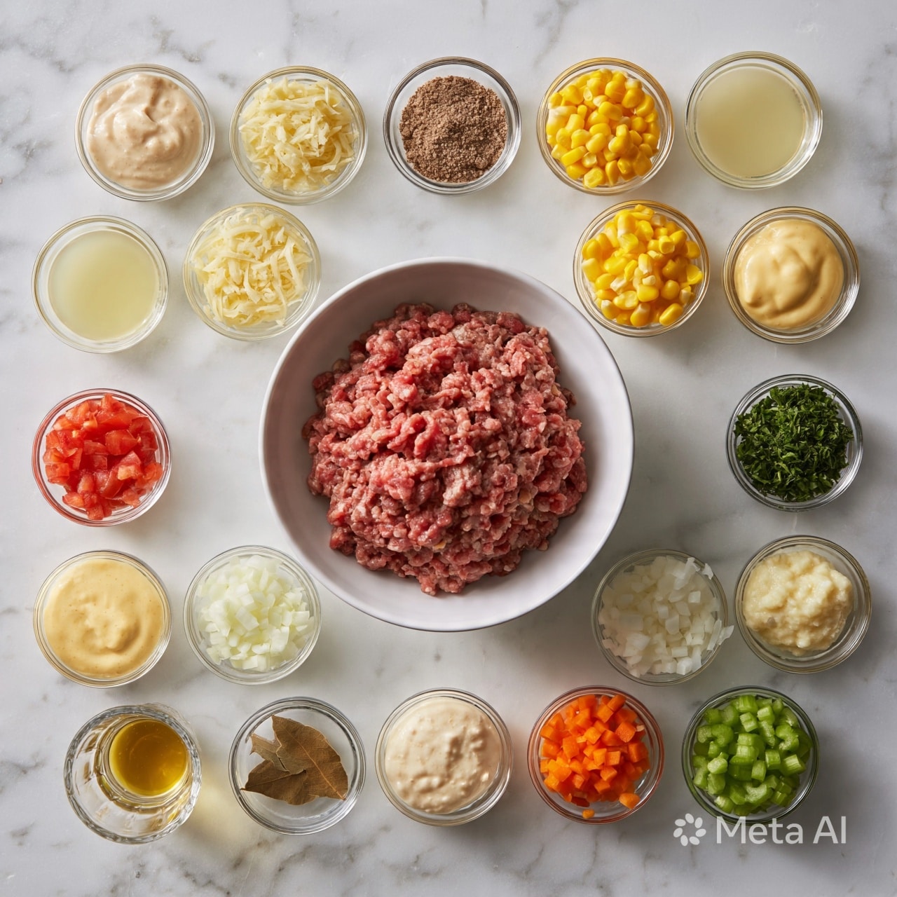 square image The image shows a white marbled surface with 15 small, clear bowls and one larger white bowl arranged in a neat grid. The large white bowl in the center contains raw ground meat with a reddish-pink color and a soft texture. Around it, from top left to bottom right, there is a small bowl with light beige sauce, a small bowl with shredded light yellow cheese, a small bowl with brown powder, a small bowl with bright yellow corn kernels, a small bowl with a pale yellow liquid, a small bowl with red diced tomatoes, a small bowl with chopped green herbs, a small bowl with a light yellow creamy sauce, a small bowl with finely chopped white onion, a small bowl with a pale creamy mixture, a small bowl with finely diced orange carrots, a small bowl with brown bay leaves, and a small bowl with chopped green celery. There is also a small clear glass with a golden-yellow liquid near the bottom left. The lighting is even and soft, and photo taken with an iphone --ar 4:5 --v 7