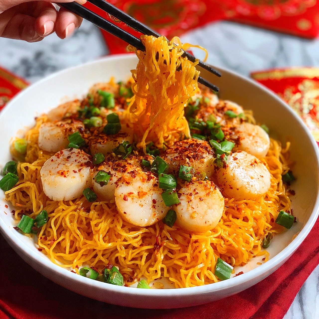 square image A white shallow bowl sits on a red cloth with a pile of yellow-orange cooked noodles as the base layer, topped with thick white scallops and green chopped scallions scattered evenly over the noodles, all sprinkled with red chili flakes. A woman's hand holds black chopsticks lifting a portion of noodles from the center, making the noodles look slightly shiny and coated with sauce. The background has red and gold Chinese decorations with a white marbled surface beneath. photo taken with an iphone --ar 4:5 --v 7