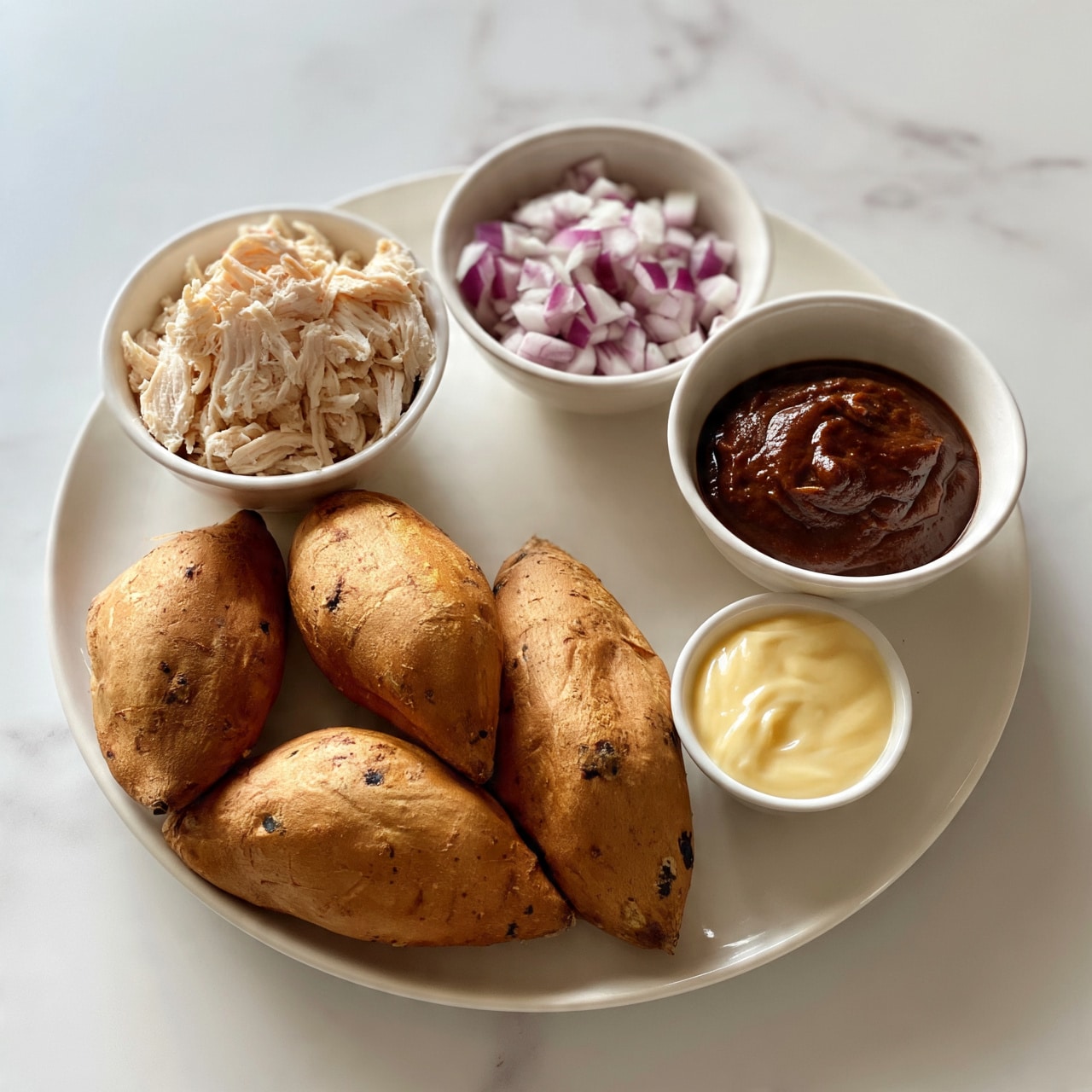 square image The image shows five small white bowls and one white plate on a white marbled surface, each filled with different foods. The plate holds four whole baked sweet potatoes with rough brown skin and some small black spots. One white bowl contains shredded cooked chicken with light beige and white textures. Another bowl has chopped red onions, small square pieces with purple and white colors. A third bowl holds a thick dark brown sauce with a smooth but slightly textured surface. A fourth bowl contains a creamy pale yellow sauce, smooth and glossy. The smallest bowl is empty or has a clear liquid, showing no color. The arrangement is neat and evenly spaced. Photo taken with an iphone --ar 4:5 --v 7