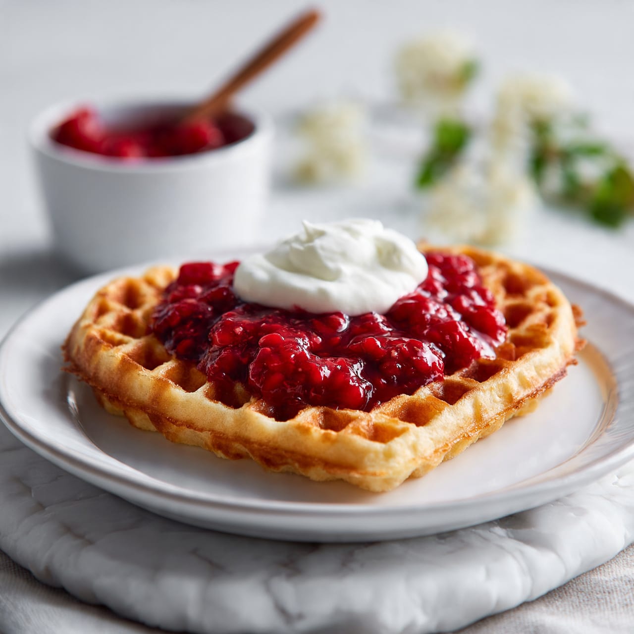 square image A golden-brown heart-shaped waffle sits on a white plate with a smooth surface, placed on a white marbled texture. On top of the waffle are two layers: a thick, bright red raspberry sauce with visible berry chunks forms the bottom layer, and a dollop of smooth, white cream sits on top of the sauce. In the background, a white cup holds more raspberry sauce with a wooden spoon inside, and out-of-focus small white flowers and green leaves add a soft touch. Photo taken with an iphone --ar 4:5 --v 7