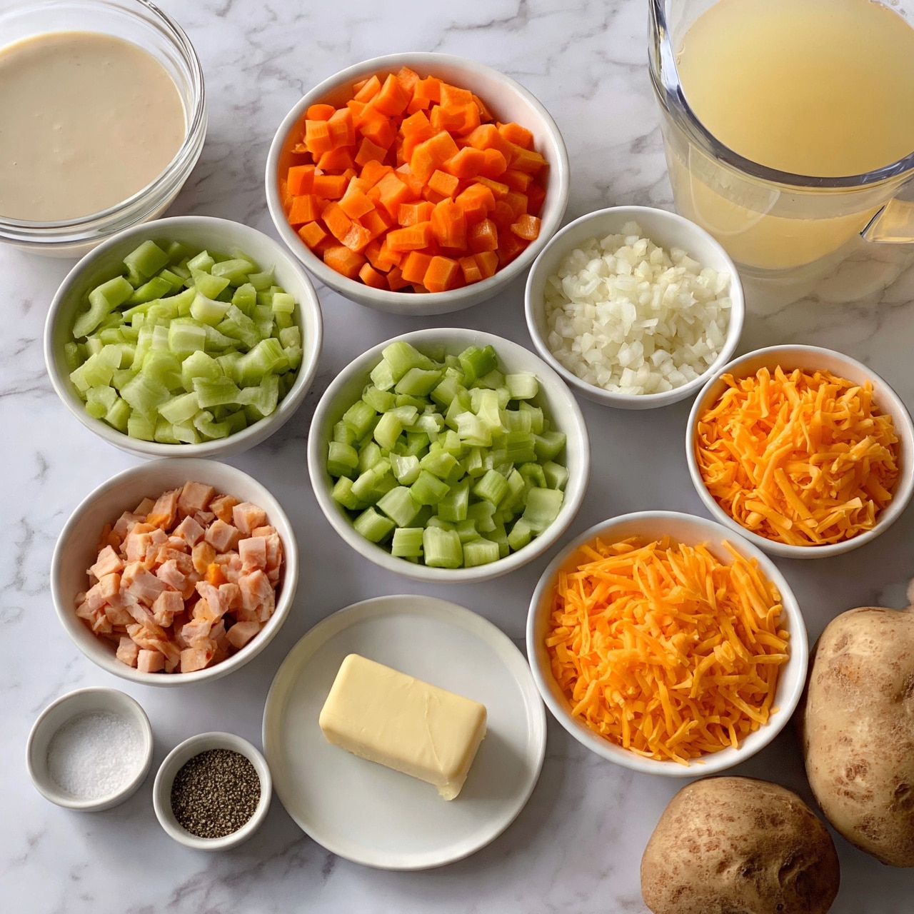square image The image shows a white marbled surface with several small white bowls and plates arranged in a neat way. One bowl holds bright orange chopped carrots, next to it is a bowl with chopped green celery, and another bowl has white chopped onions. There is also a bowl filled with small chunks of ham and another one with shredded cheddar cheese in an orange color. A small white plate holds a stick of butter, and nearby are two small bowls with salt and black pepper. There is a glass bowl with light beige cream, a clear pitcher with light yellow broth, and two whole potatoes placed on the surface. The overall colors are natural and fresh with a soft light showing the textures of vegetables and other ingredients clearly. Photo taken with an iphone --ar 4:5 --v 7