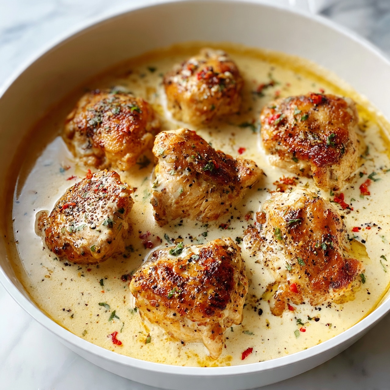 square image The image shows a white pan with creamy sauce and several browned cooked chicken pieces on top. The sauce is light yellow with small green herbs and bits of red pepper spread throughout. The chicken pieces have a golden brown color with some black pepper sprinkled on them. The sauce looks smooth, covering the bottom of the pan and pooling around the chicken. The pan sits on a white marbled surface. Photo taken with an iphone --ar 4:5 --v 7