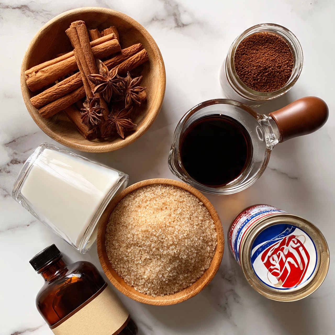 square image The image shows an arrangement of ingredients on a white marbled texture. A round wooden bowl at the top left holds several cinnamon sticks and star anise, both brown and textured. Below it, a tilted clear glass container filled with white milk lies next to a wooden bowl filled with coarse, light brown sugar grains. To the right of the milk, a clear glass measuring cup with a brown wooden handle contains dark, glossy liquid. Beside it, a jar of instant espresso powder with brown granules inside rests on its side. At the bottom left, there is a dark amber bottle of vanilla extract with a beige label. At the bottom right, a can of sweetened condensed milk with a red, white, and blue label also lies on its side. photo taken with an iphone --ar 4:5 --v 7