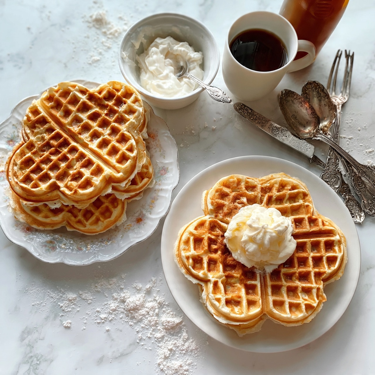 square image The image shows two sets of golden, heart-shaped waffles, one stacked on a white floral-edged plate and the other on a plain white plate topped with a scoop of whipped cream or soft butter. Above them are a small white bowl filled with a creamy white spread and a white cup of dark coffee, with a silver spoon resting in the spread bowl. Nearby, a brown bottle, possibly syrup, stands alongside vintage silver cutlery including a knife, spoon, and fork, laid on the white marbled surface scattered lightly with flour or powdered sugar. The overall scene is bright and cozy, focused on the warm texture and golden color of the waffles. Photo taken with an iphone --ar 4:5 --v 7