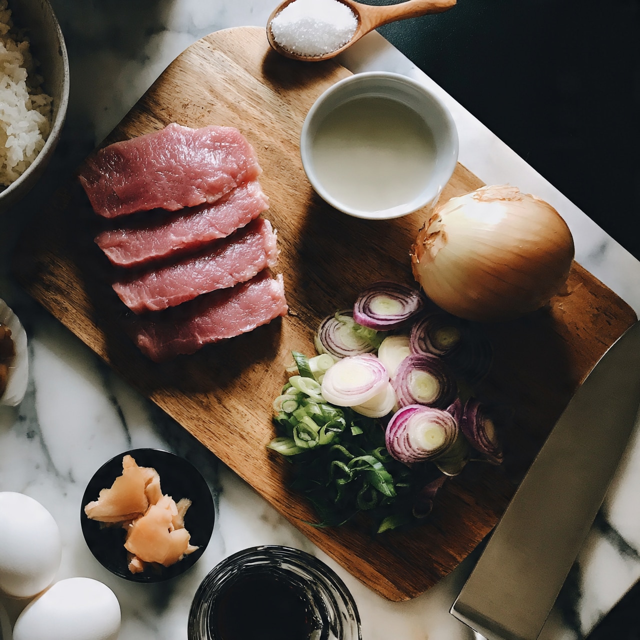 square image The image shows a wooden cutting board placed on a white marbled surface with five slices of raw pink meat stacked evenly near the center-left. To the right of the meat is a small white bowl filled with a clear light liquid, and beside it, a whole light brown onion sits on the board. In front of the onion, several layers of chopped spring onion rings in green, white, and purple shades are scattered, with a large silver knife resting at the bottom right corner of the board. Around the cutting board, there are white eggs on the bottom left, a small black dish with pieces of light orange pickled ginger near the bottom left, and a glass cup with dark liquid near the bottom center. A wooden spoon filled with white sugar lies at the top center, and a bowl of white rice can be seen partially at the top left. The background is dark but the cutting board is the focus of the image. photo taken with an iphone --ar 4:5 --v 7