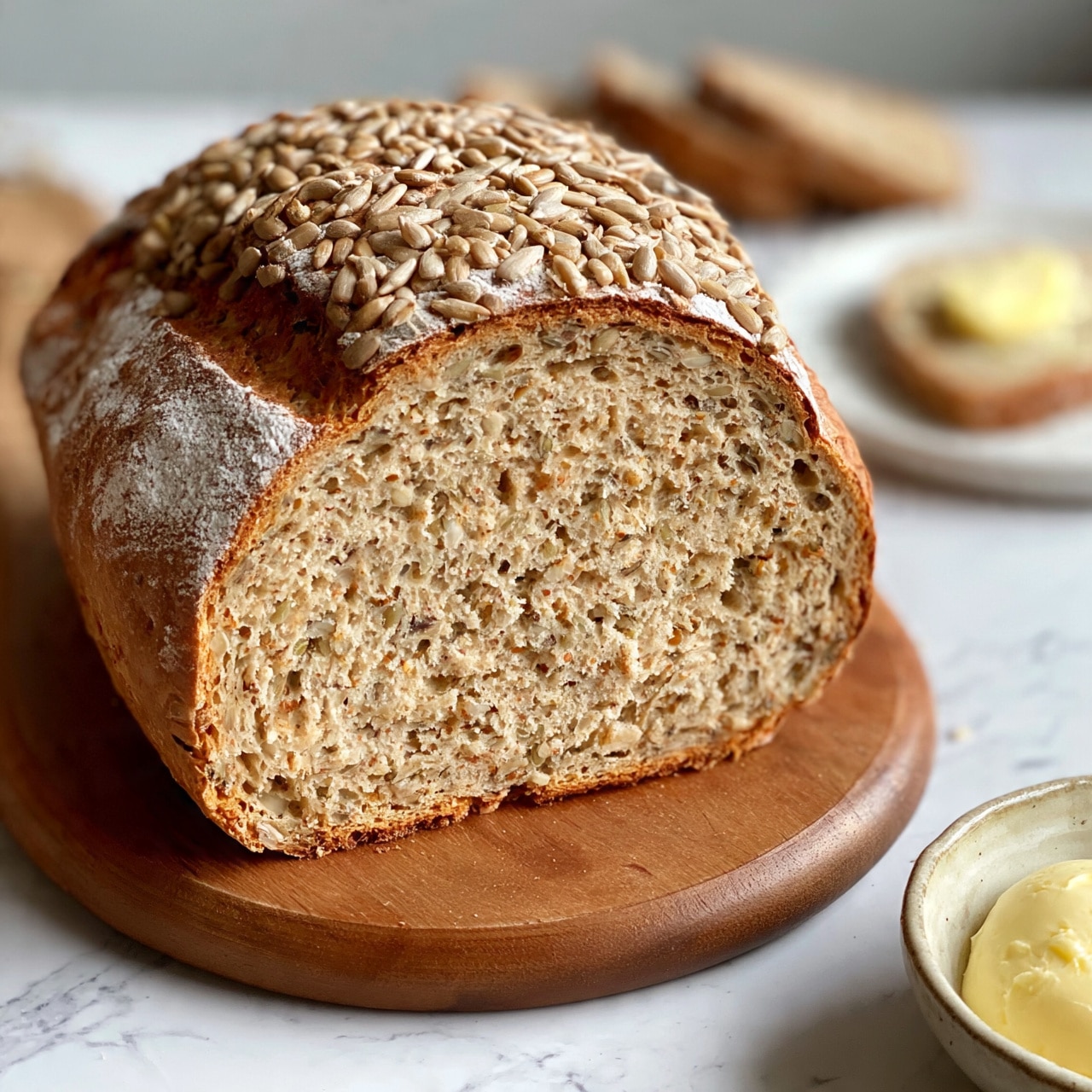 square image A half loaf of seeded brown bread with a golden crust and some flour dust on top sits on a wooden round board. The top layer is covered with scattered sunflower seeds. Inside, the bread looks soft and textured, with a light brown color and visible seeds mixed into the dough. In the background, a few slices of the same bread lie flat, and a white plate holds a single buttered slice. There is a small bowl with pale yellow butter in the bottom right corner, and the scene is set on a white marbled surface. Photo taken with an iphone --ar 4:5 --v 7