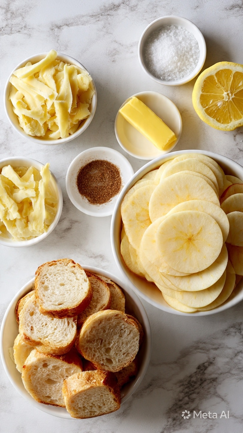 square image The image shows a white marbled surface with several small white bowls and a larger white bowl arranged neatly. The large bowl on the right contains many thin, round apple slices with smooth skin visible, light cream to pale yellow in color. Below on the left, a white bowl is filled with round slices of bread with a golden crust and soft inside. Above it, a bowl contains pale yellow shredded pieces, likely cheese. In the middle, a small bowl has a brown powder, and next to it is another small bowl with a yellow stick of butter. At the top right corner, a small white bowl holds coarse white salt, and beside it, a halved lemon shows bright yellow flesh. The light is soft and natural, highlighting the fresh ingredients vividly. Photo taken with an iphone --ar 4:5 --v 7square image