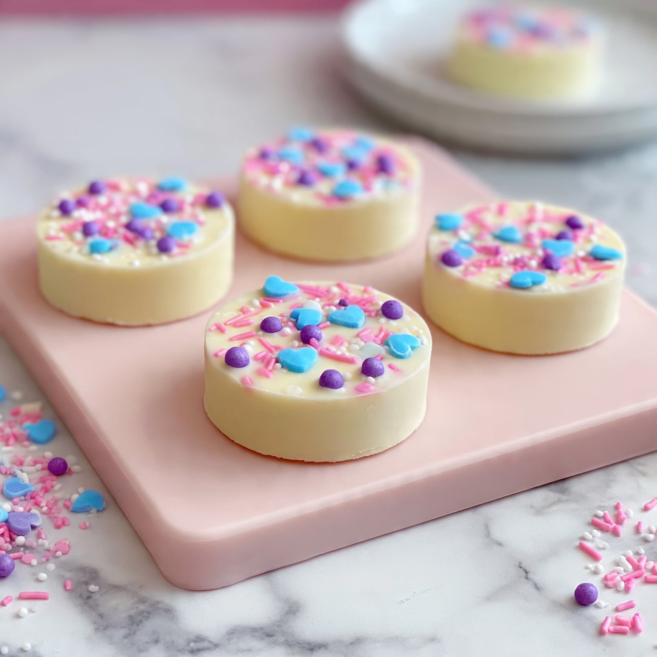 square image A stack of three round white chocolate-covered cookies sits on a white marbled surface, each cookie coated smoothly with a shiny, creamy white layer. The top cookie is sprinkled with small black cookie crumbs, scattered unevenly across the surface and some crumbs are spread around the base of the stack. The middle and bottom cookies show glimpses of colorful sprinkles peeking out from the white coating. The photo is taken with an iphone --ar 4:5 --v 7