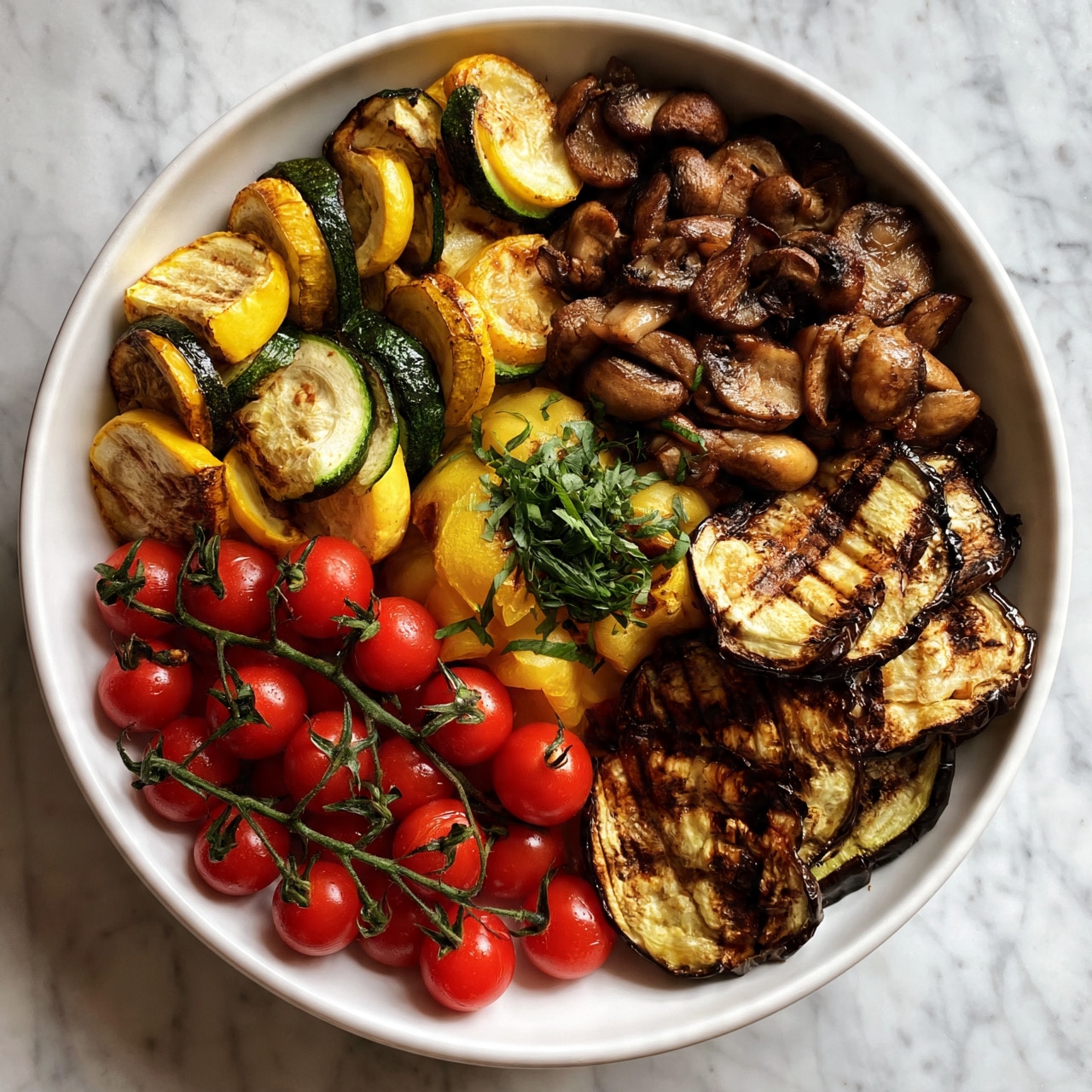 square image A white bowl filled with four distinct sections of roasted vegetables arranged neatly on a white marbled surface: top left with sliced yellow and green zucchini, top right with sautéed brown mushrooms, bottom right with grilled eggplant slices showing charred edges, and bottom left with a cluster of small, bright red cherry tomatoes still on the vine. In the center, there are yellow bell pepper pieces topped with fresh green herbs, all creating a colorful and textured mix. photo taken with an iphone --ar 4:5 --v 7
