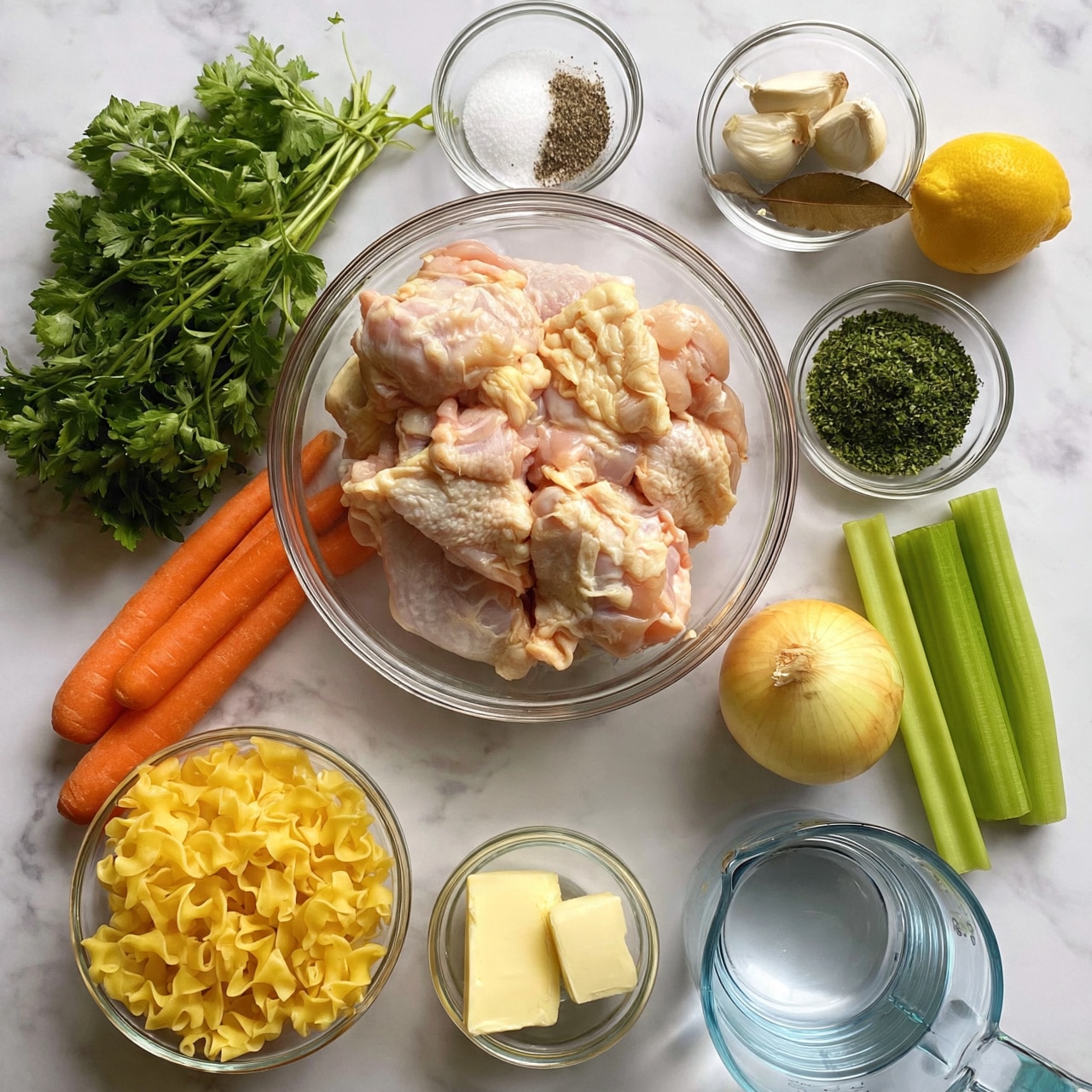 square image The image shows a white marbled surface with several clear glass bowls and loose ingredients arranged neatly. At the center, there is a clear glass bowl with raw pale pink chicken thighs. To the left, a bunch of green parsley is next to three whole orange carrots and a clear bowl with yellow curly egg noodles. Below, there is a small bowl with two pieces of pale yellow butter. To the right side, there is a small glass bowl with green dried herbs, a whole yellow onion, three green celery sticks, and a clear measuring cup filled with water. At the top right, a small clear bowl contains three cloves of garlic and a brown bay leaf beside a whole yellow lemon. In the top center, there is a small clear bowl with salt and pepper. The overall color palette is natural with fresh vegetable tones, and the scene is lit with soft, natural light. photo taken with an iphone --ar 4:5 --v 7