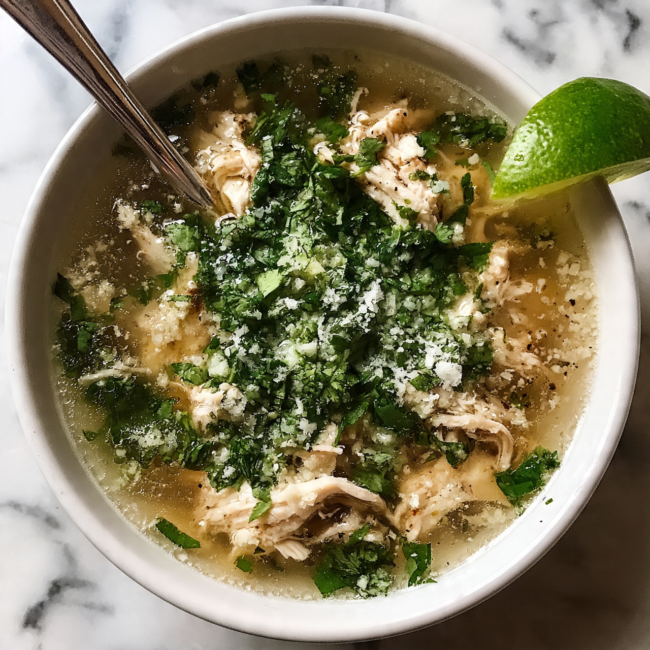 Green Chile Chicken Soup Recipe 5 square image A white bowl filled with clear broth and tender shredded chicken pieces floating on top, sprinkled generously with fresh green chopped cilantro and finely grated white cheese. A bright green lime wedge rests on the right edge of the bowl, adding a fresh pop of color. A silver spoon is placed inside the bowl on the left side. The bowl sits on a white marbled surface, and the broth glistens under soft light, showing the texture of the broth and chicken clearly. Photo taken with an iphone --ar 4:5 --v 7