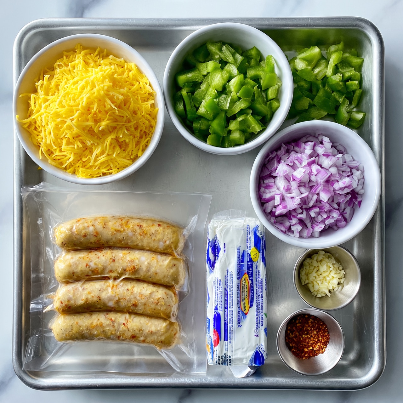 square image The image shows a metal tray on a white marbled surface with several ingredients arranged neatly. On the top left, there is a white bowl filled with bright yellow shredded cheese. To the right of it, another white bowl holds chopped green bell peppers, and below that is a white bowl with finely chopped red onions. At the bottom left of the tray, there is a vacuum-sealed pack containing four light brown sausages with visible seasoning inside the casing. Above the sausages is a rectangular white and blue wrapped package of cream cheese, labeled with refrigeration instructions. To the right side at the bottom are two small silver bowls, one filled with finely minced garlic and the other one with red chili powder. Photo taken with an iphone --ar 4:5 --v 7