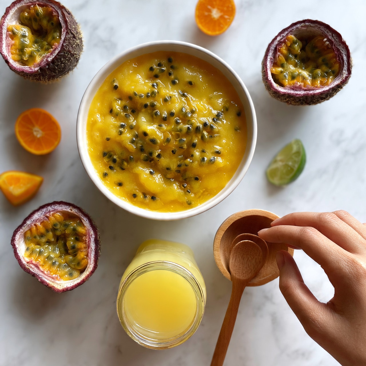 square image The image shows a white bowl filled with bright yellow passion fruit pulp with black seeds on a white marbled surface. Around it, there are three halves of passion fruit, showing the bumpy purple skin and yellow seed-filled inside. Two small orange slices and one lime wedge add pops of green and orange color. Below the bowl, a jar filled with pale yellow juice sits beside a small wooden bowl with a wooden spoon. A woman's hand is reaching toward the wooden bowl. The colors are fresh and vibrant, with natural light highlighting the shiny textures and seeds. Photo taken with an iphone --ar 4:5 --v 7square image