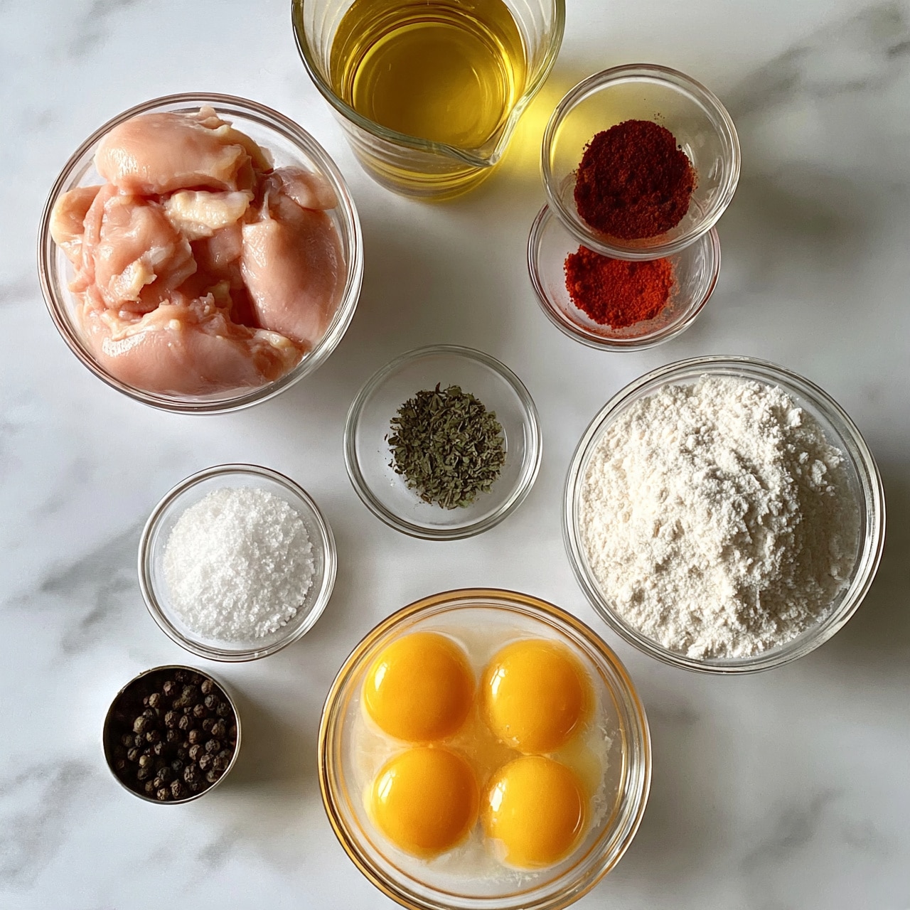 square image The image shows eight clear glass bowls and a glass measuring cup arranged on a white marbled surface. The top left bowl contains raw light pink chicken pieces with a smooth texture, and above it is a tall glass measuring cup filled with golden yellow oil. On the right side, there are two small clear bowls stacked vertically, one with a dark red powder and a smaller one below with a bright red powder. Below and to the left of these, a medium bowl holds white flour with a soft powdery texture. In the center, a small bowl contains dried green herb flakes. To the left of it, a small bowl holds coarse white salt. Below, a small metallic container has whole black peppercorns. At the bottom, a medium clear bowl contains four raw yellow egg yolks surrounded by clear egg whites. photo taken with an iphone --ar 4:5 --v 7