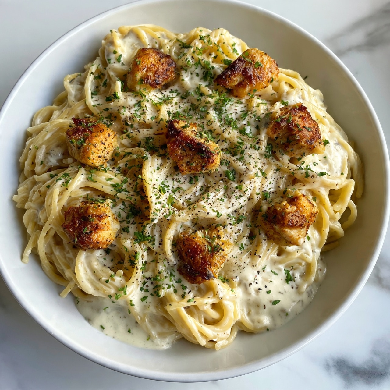 square image The image shows a close-up of a white plate filled with creamy pasta. The pasta strands are light yellow and coated in a smooth, thick white sauce. On top, there are small pieces of golden-brown cooked chicken scattered, giving a slightly crispy texture. Fresh green herbs are sprinkled evenly over the dish, adding a pop of color, and some black pepper is visible, giving a speckled effect. The plate rests on a white marbled surface. photo taken with an iphone --ar 4:5 --v 7
