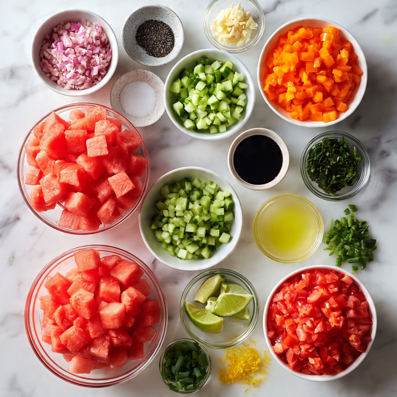 square image The image shows a collection of clear and white bowls arranged neatly on a white marbled surface, each filled with colorful chopped ingredients. One large clear bowl holds bright red watermelon cubes, while a medium white bowl contains small green cucumber pieces. Nearby, another white bowl is filled with finely chopped red tomatoes, and a small clear bowl has bright orange diced bell peppers. Other small bowls contain a variety of ingredients: finely chopped red onions in white, black pepper in a small speckled bowl, salt in another, minced garlic in a small clear bowl, dark soy sauce, light yellow lemon juice, yellow olive oil, finely chopped green herbs, finely chopped green scallions, lime wedges, and some yellow lemon zest. Each bowl’s content stands out with vibrant natural colors against the clean white marbled background, organized neatly and visually balanced. Photo taken with an iphone --ar 4:5 --v 7