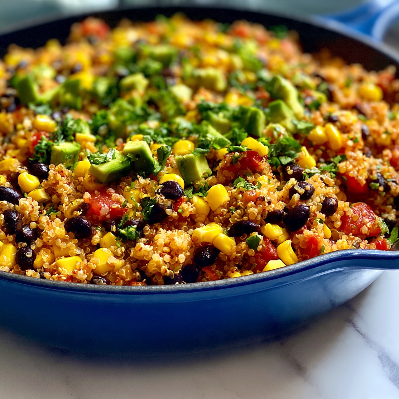 square image A close-up view of a blue cast iron pan filled with a colorful quinoa dish, with small round quinoa grains mixed evenly throughout. The dish is bright with yellow corn kernels, black beans, red tomato pieces, and green diced avocado and herbs scattered on top, creating a mix of vibrant colors and textures. The pan rests on a white marbled surface with a soft background. The colors and ingredients are well blended and clearly visible. photo taken with an iphone --ar 4:5 --v 7