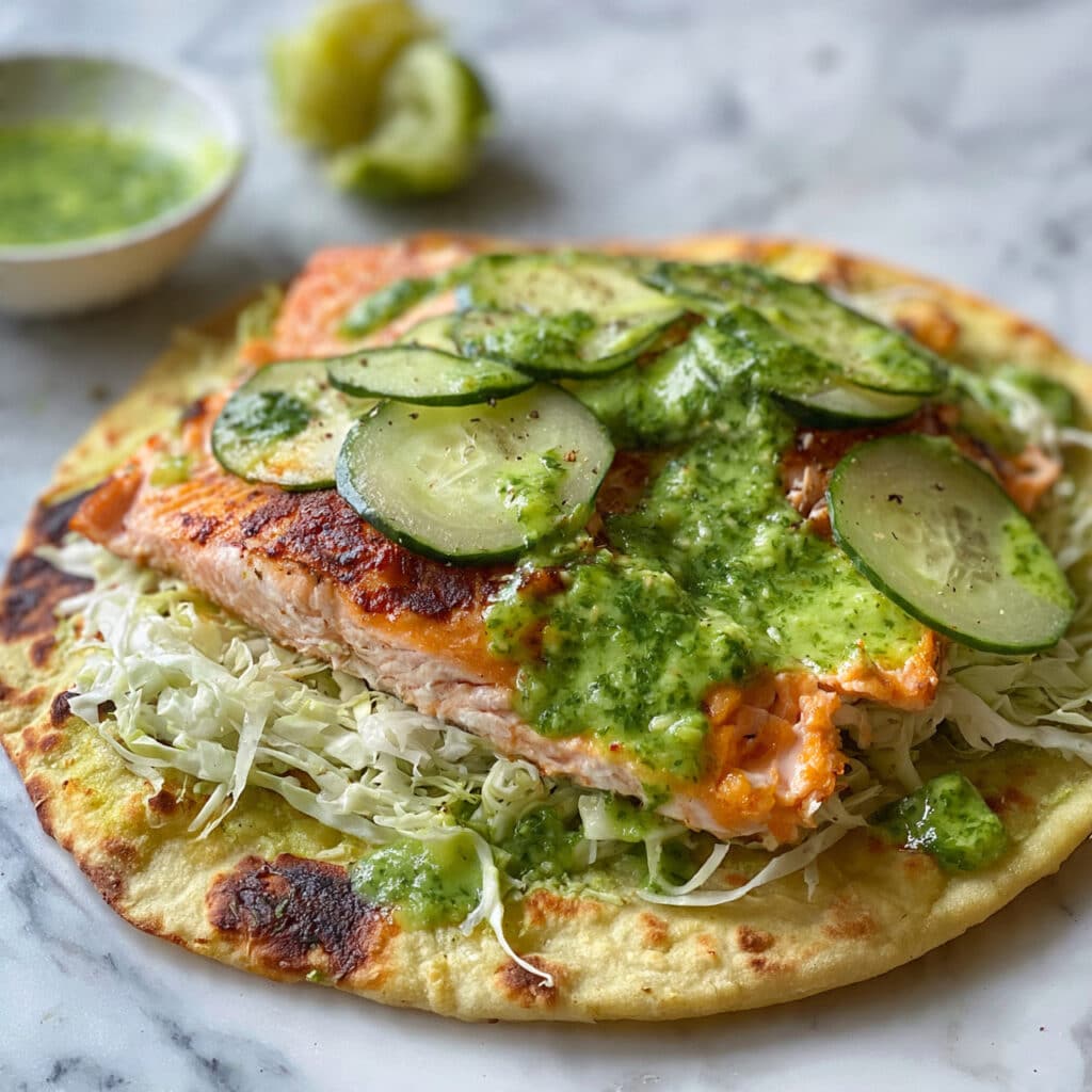 Blackened Salmon with Grilled Naan and Lime Slaw Recipe