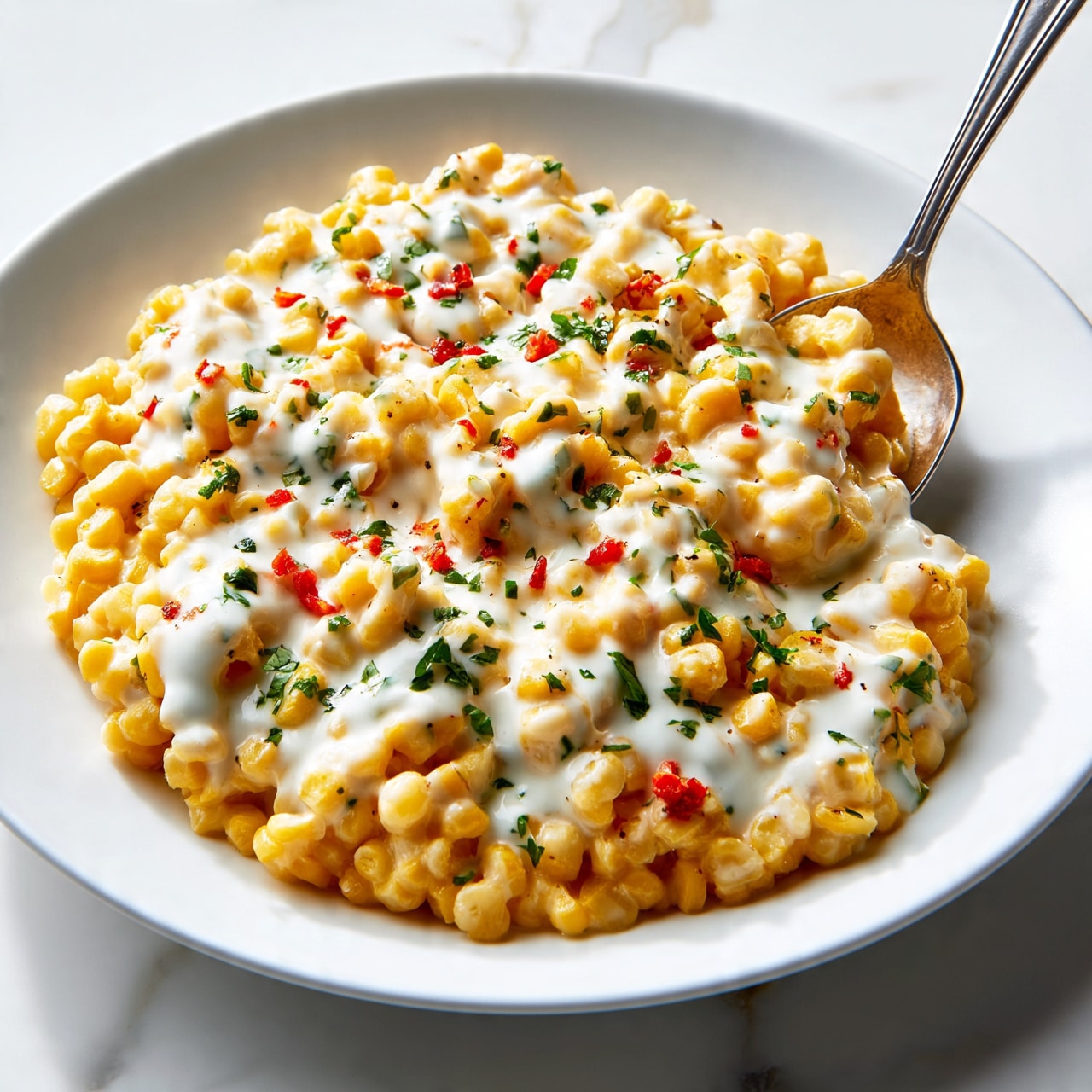 square image This image shows a close-up of a white plate filled with a creamy corn dish. The dish has three visible layers: a base of whole cooked yellow corn kernels, topped with a drizzle of white creamy sauce that looks smooth and thick, and sprinkled with small green chopped herbs and pieces of chili for color contrast. A silver spoon rests on the plate, scooping some of the corn mixture. The surface beneath the plate is a white marbled texture, adding a clean and bright background to the image. The photo is taken with an iphone --ar 4:5 --v 7