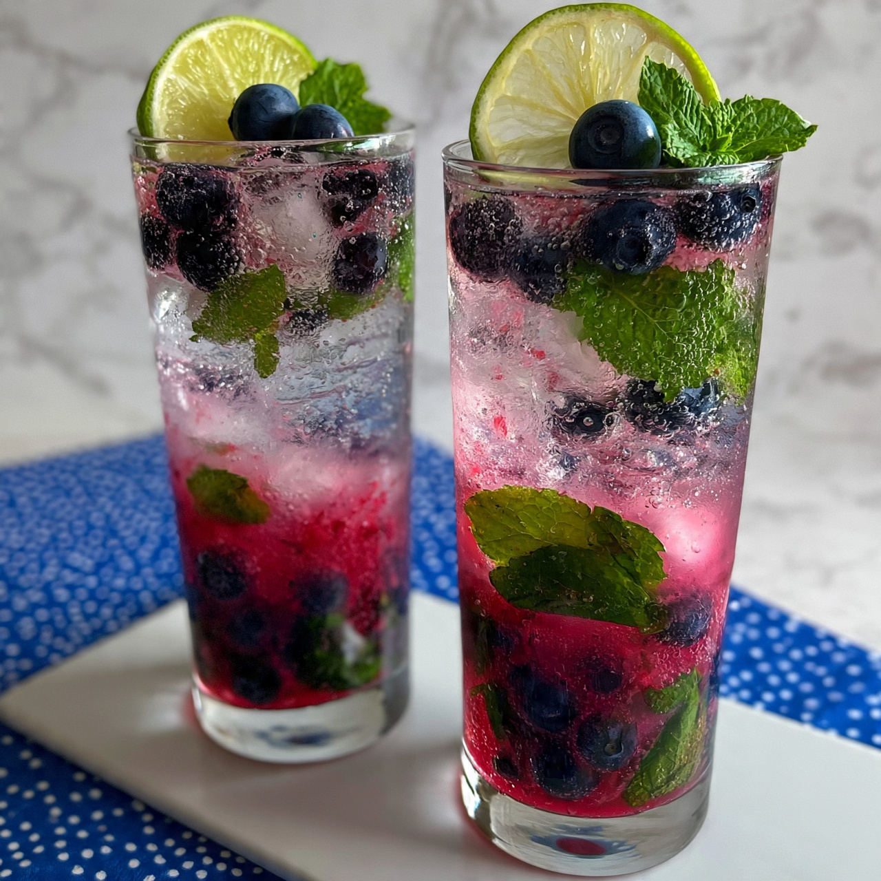 square image The image shows two tall clear glasses filled with a refreshing berry drink. Each glass has several layers: the bottom layer is a deep pink-purple berry juice with visible whole blueberries and fresh green mint leaves mixed in. Above this is a layer of sparkling clear liquid with ice cubes floating, more blueberries, and mint leaves. On top, there is a thin slice of lime, some mint leaves, and two blueberries as garnish. The glasses sit on a white surface with a blue polka-dot cloth and a white marbled texture background. photo taken with an iphone --ar 4:5 --v 7