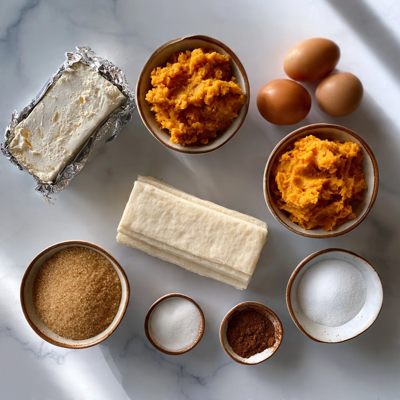 square image The image shows ingredients for a recipe placed neatly on a white marbled surface. There is a block of soft cream cheese wrapped in foil, a small bowl of orange mashed pumpkin, a small bowl of light brown sugar, two eggs, and small bowls holding white granulated sugar and brown spices. There is also a box of puff pastry sheets placed near the center. The ingredients are arranged evenly with a clean and organized look. Photo taken with an iphone --ar 4:5 --v 7