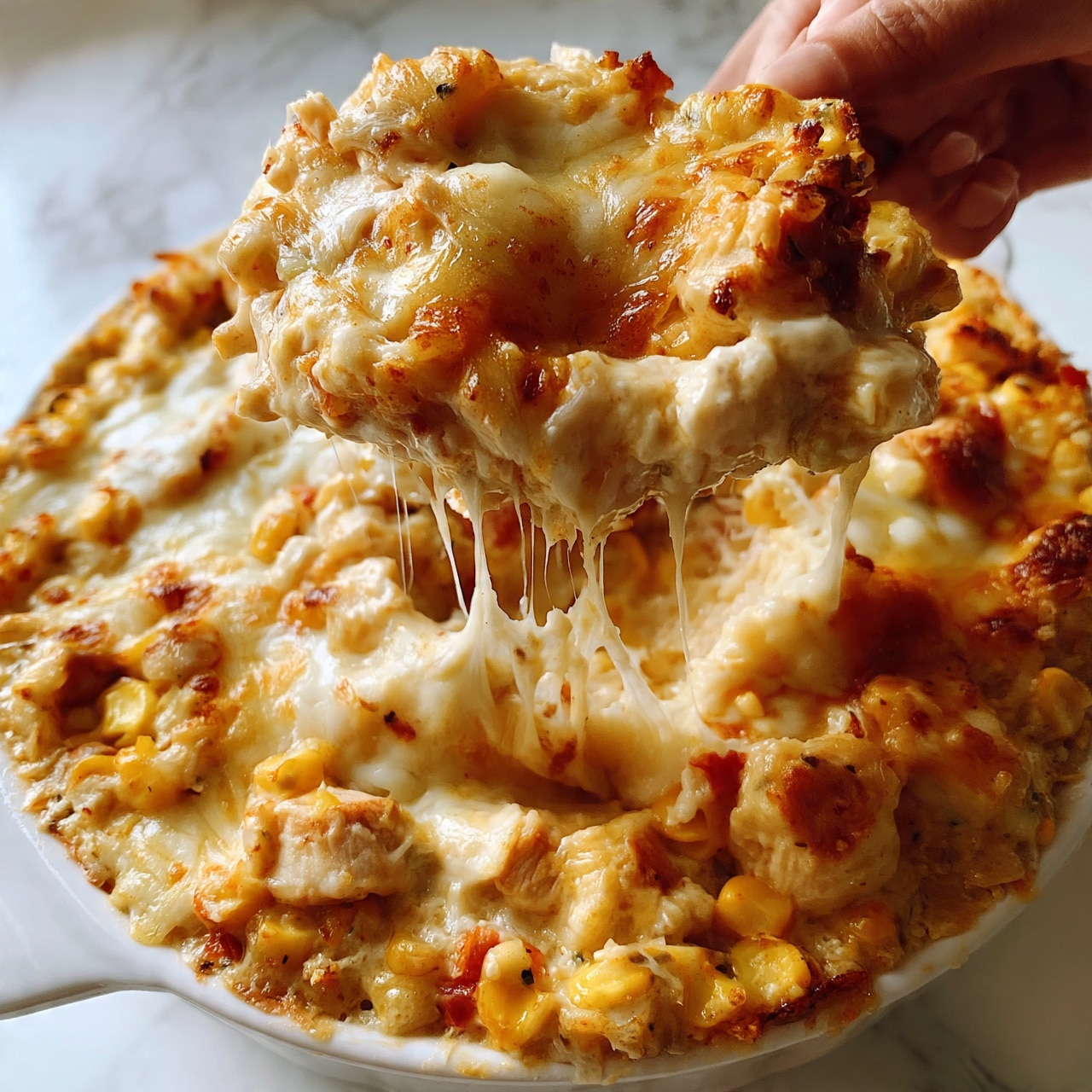 square image The image shows a close-up of a creamy casserole in a white dish. The top layer is golden and cheesy with melted cheese stretching as a woman's hand lifts a portion. Under the cheese, there are small pieces of light brown chicken mixed with yellow corn and small bits of red tomato. The texture looks soft and rich, with the dish crowded with mixed ingredients all covered in melted cheese. The background is a white marbled surface. Photo taken with an iphone --ar 4:5 --v 7