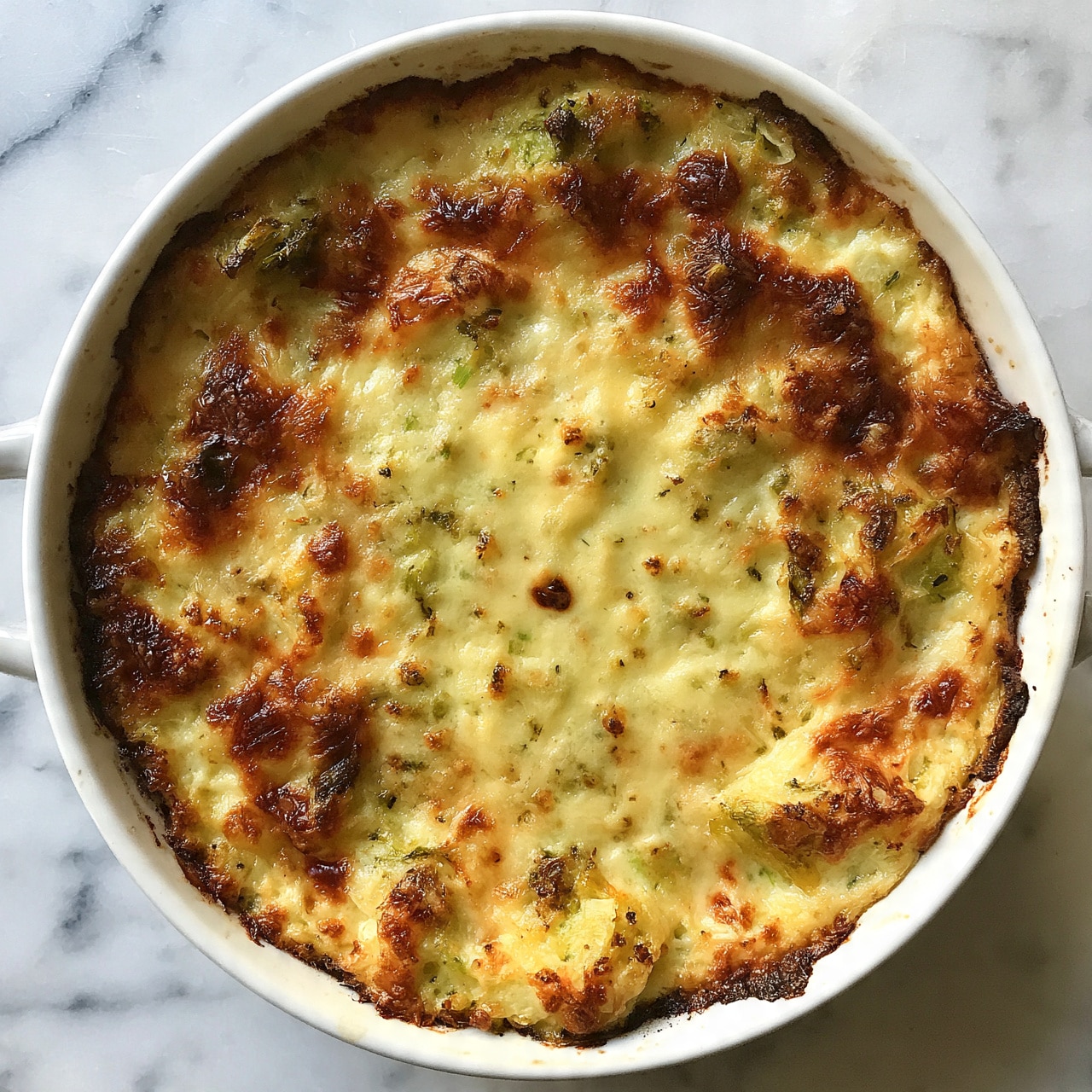 square image A white baking dish filled with a golden-brown baked casserole. The top layer shows a mix of melted cheese with browned spots and bits of cooked green pieces, likely vegetables, throughout. The edges are slightly darker and crispier, while the center looks soft and creamy with a light yellow color sprinkled with small green and brown bits. The dish is placed on a white marbled surface. photo taken with an iphone --ar 4:5 --v 7