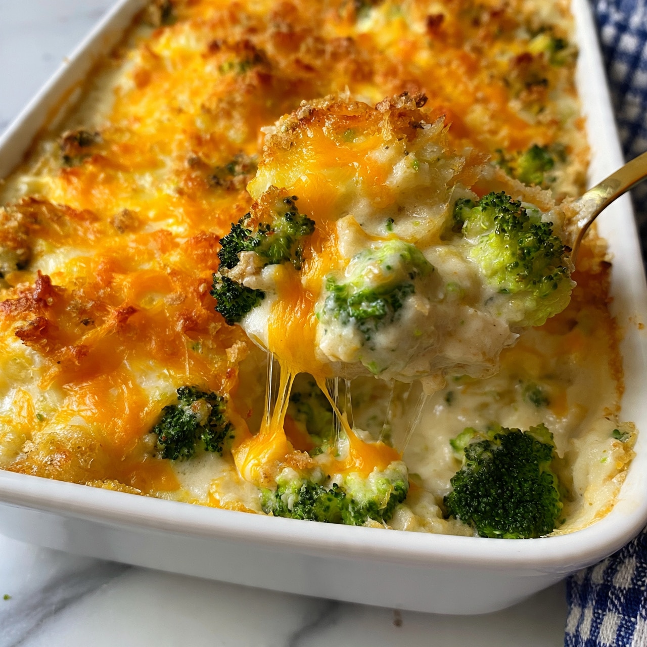 square image A white rectangular dish filled with a baked broccoli and cheese casserole. The top layer is golden and crispy from melted cheddar cheese with small bits of breadcrumbs, showing a slightly crunchy texture. Below the top, there is a creamy light layer mixed with bright green broccoli florets, melted cheese stringing up as a spoon lifts a portion. The casserole layers have a mix of creamy smooth texture and tender broccoli pieces throughout. The dish sits on a white marbled surface with a blue and white checkered cloth visible on one side. Photo taken with an iphone --ar 4:5 --v 7
