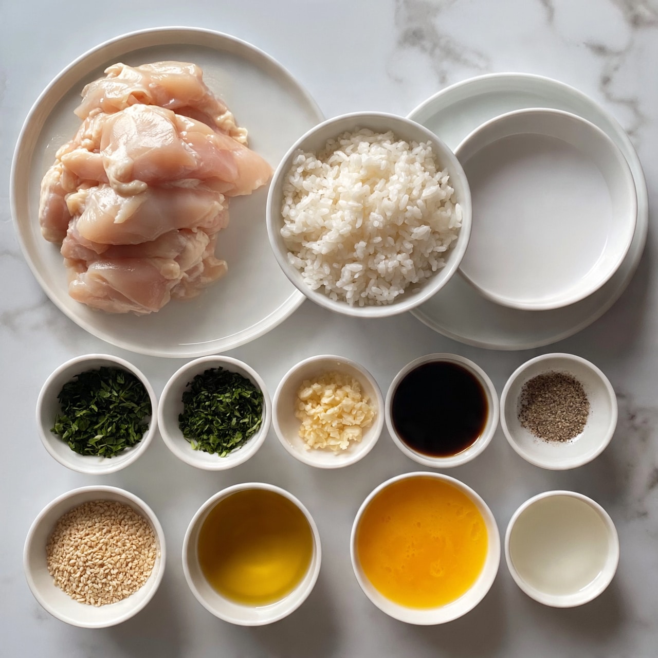 square image The image shows a white marbled surface with several white plates and small white bowls arranged neatly. In the top left, there is a pile of raw, pale pink chicken pieces stacked closely. Next to it, on the right, a white bowl filled with plain white rice. To the right of the rice, a bowl containing a white liquid, likely coconut milk. Below these, several small white bowls hold finely chopped green herbs, minced garlic, dark brown soy sauce, and ground pepper. At the bottom left, a bowl with light beige sesame seeds. Next to it on the right, there are bowls with golden cooking oil, orange juice, and a small bowl of a clear liquid, possibly vinegar or lemon juice. The bowls and plates are all placed on the white marbled surface, creating a clean and organized look. Photo taken with an iphone --ar 4:5 --v 7