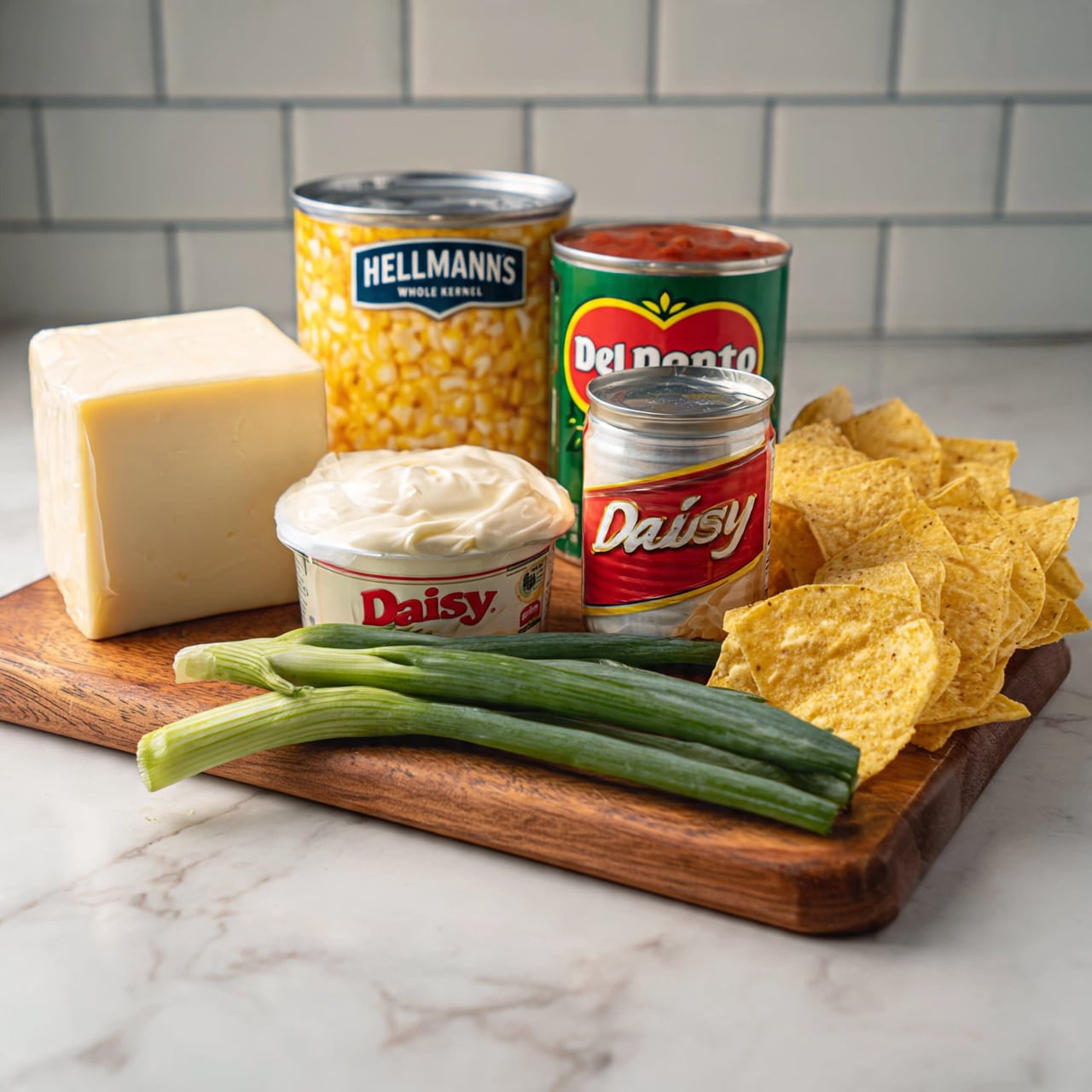 square image The image shows a wooden board with a block of white cheese, a can of Del Monte whole kernel corn, a can of El Pato tomato sauce, a container of Daisy sour cream, a jar of Hellmann's mayonnaise, two green onions laying in front, and a pile of yellow tortilla chips to the right. All items are placed on a white marbled surface with a white subway tile background. The photo taken with an iphone --ar 4:5 --v 7