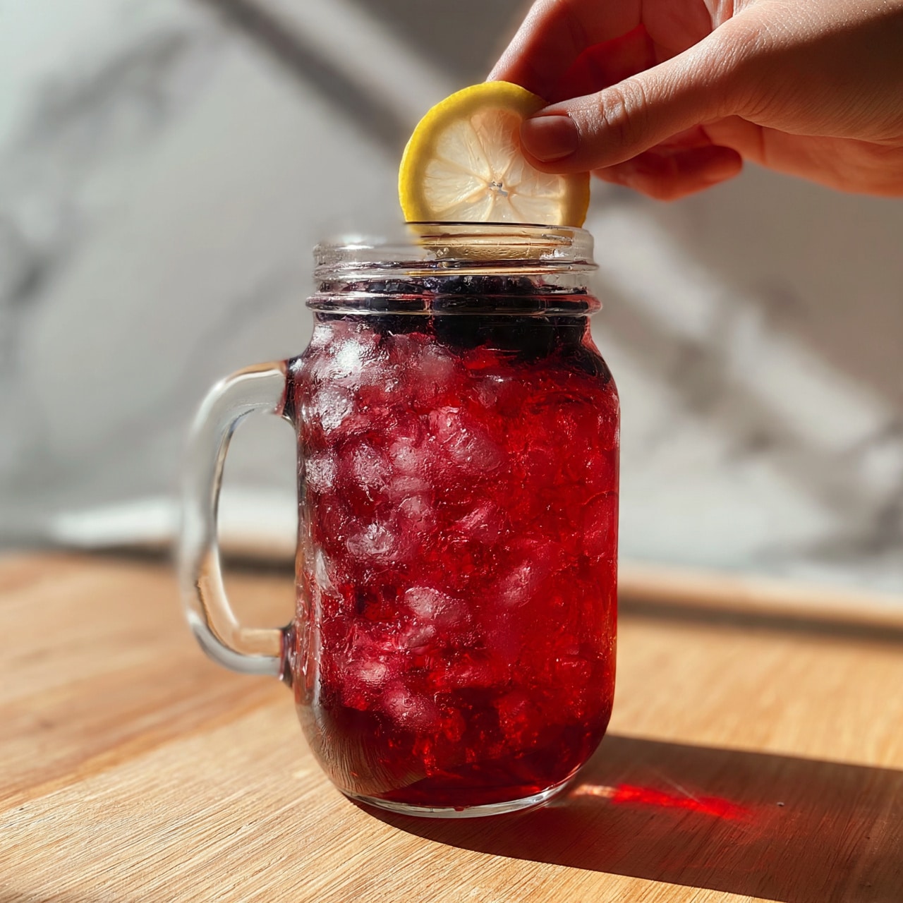 square image A clear glass jar with a handle is filled almost to the top with a dark red drink. The drink has many small ice cubes floating inside, giving a cool, fresh look. Some dark berries float on the surface of the drink. A woman's hand is holding a thin round slice of lemon, placing it on the rim of the jar. The jar sits on a light wooden table with a white marbled background blurred behind it. The scene is bright, showing the sunlight shining on the drink and jar, making the colors look fresh and inviting. photo taken with an iphone --ar 4:5 --v 7