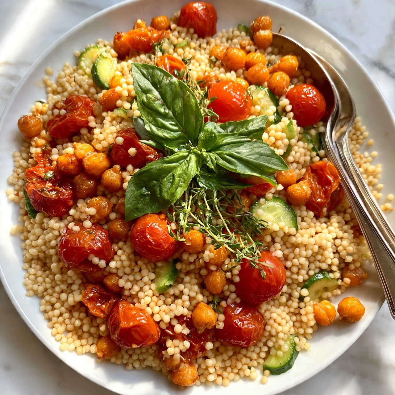 square image The image shows a close-up of a white plate filled with a colorful couscous salad. The base layer is small, round couscous beads, light beige in color and fluffy in texture. Mixed throughout are bright red cherry tomatoes, some roasted and wrinkled, others fresh and smooth. There are small green slices of cucumber scattered evenly. Golden roasted chickpeas add a crunchy texture and a warm orange hue. Fresh green basil and thyme leaves are placed on top, adding vibrant green tones and a fresh look. Two silver spoons rest on the right side of the plate, slightly buried in the salad. The entire dish is set on a white marbled surface. Photo taken with an iphone --ar 4:5 --v 7