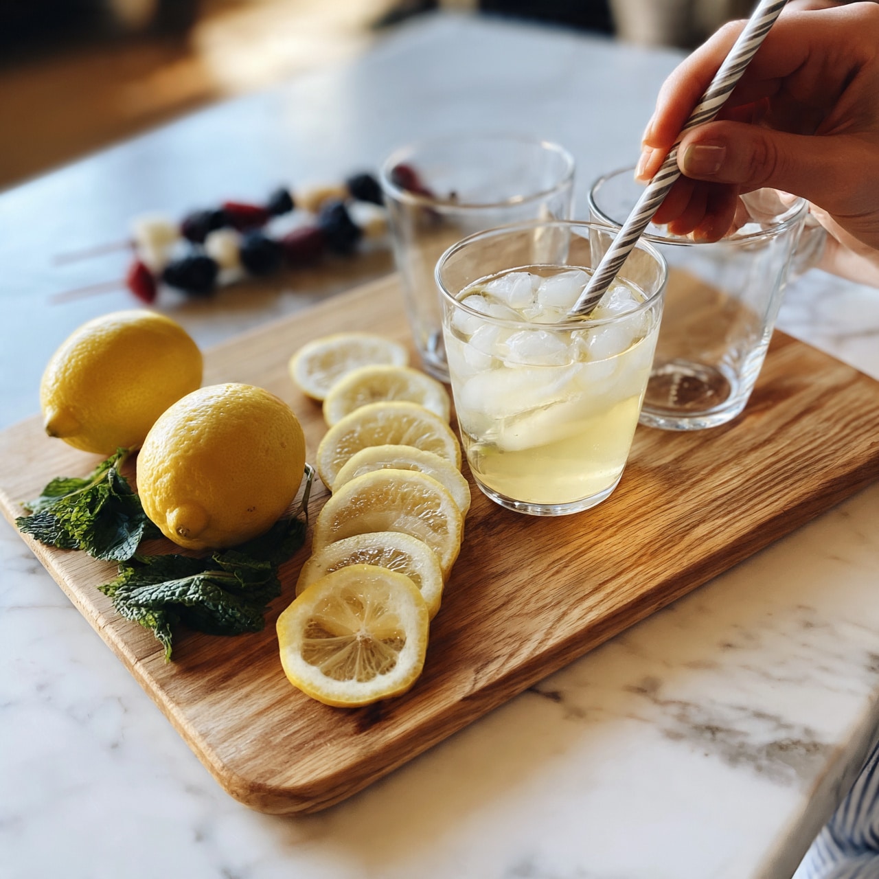square image The image shows a wooden board on a white marbled surface holding fresh ingredients for a drink. On the board, there are two whole yellow lemons near green mint leaves, and several lemon slices arranged in a row beside a glass filled with light yellow liquid and ice cubes. Next to it, there is an empty clear glass, and a woman's hand holding a striped straw, positioned inside the glass with the drink. In the background, there is a skewer with dark berries and small pieces of red and white fruit. The setting is bright and fresh, suggesting a refreshing lemon-mint beverage. photo taken with an iphone --ar 4:5 --v 7