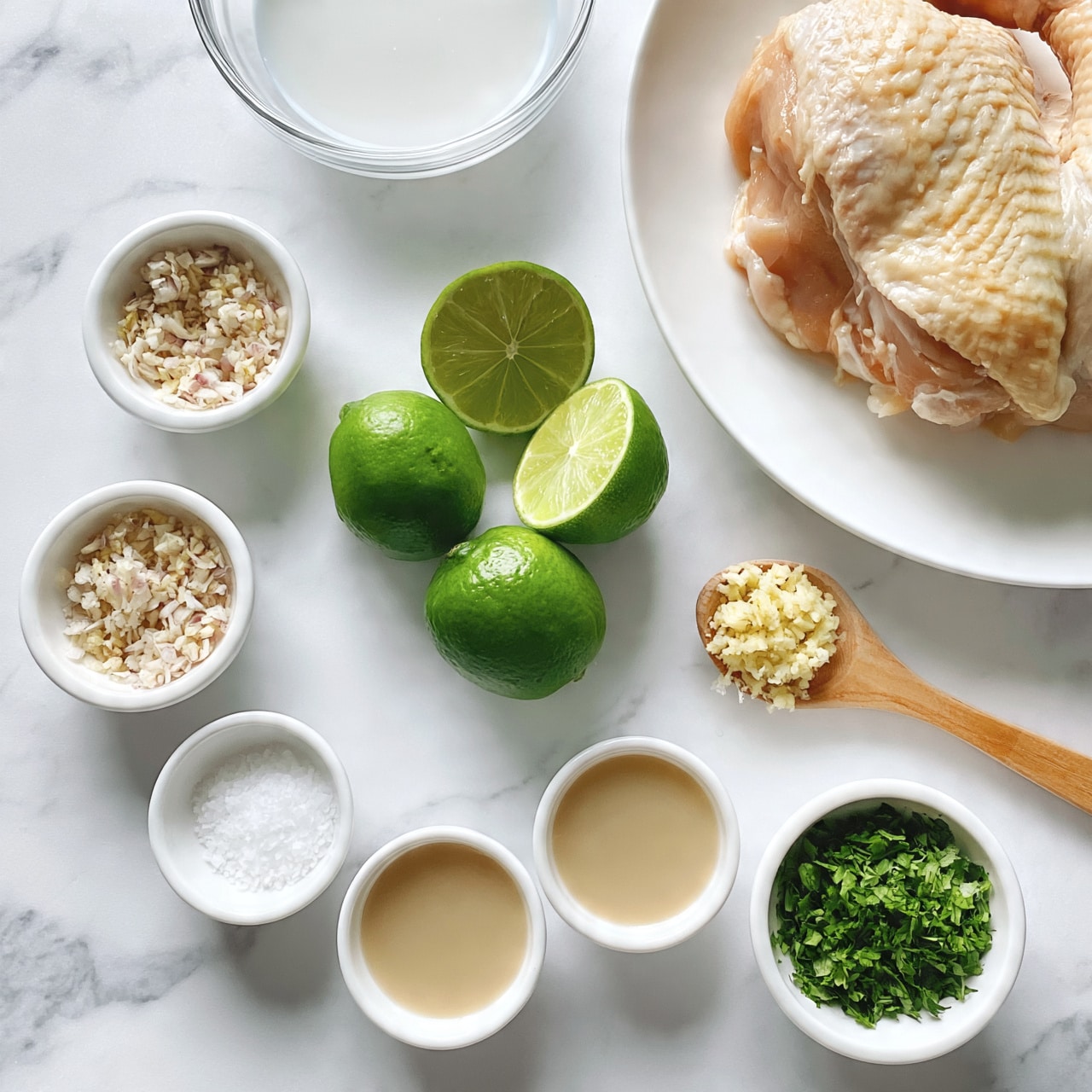 square image The image shows ingredients neatly placed on a white marbled surface, including a large piece of raw chicken on a white plate at the top right. There are four green limes, two whole and two cut in half, arranged in the center. Nearby, a small wooden spoon holds minced ginger with a grated texture. Fresh chopped green herbs sit in a small white bowl at the bottom right. Small white bowls hold finely chopped shallots, salt, and a beige liquid, likely broth or stock, spread evenly around the center. A clear glass bowl with a white liquid, possibly coconut milk, is near the top center. The setting is clean and bright, with each ingredient clearly visible and separated. Photo taken with an iphone --ar 4:5 --v 7