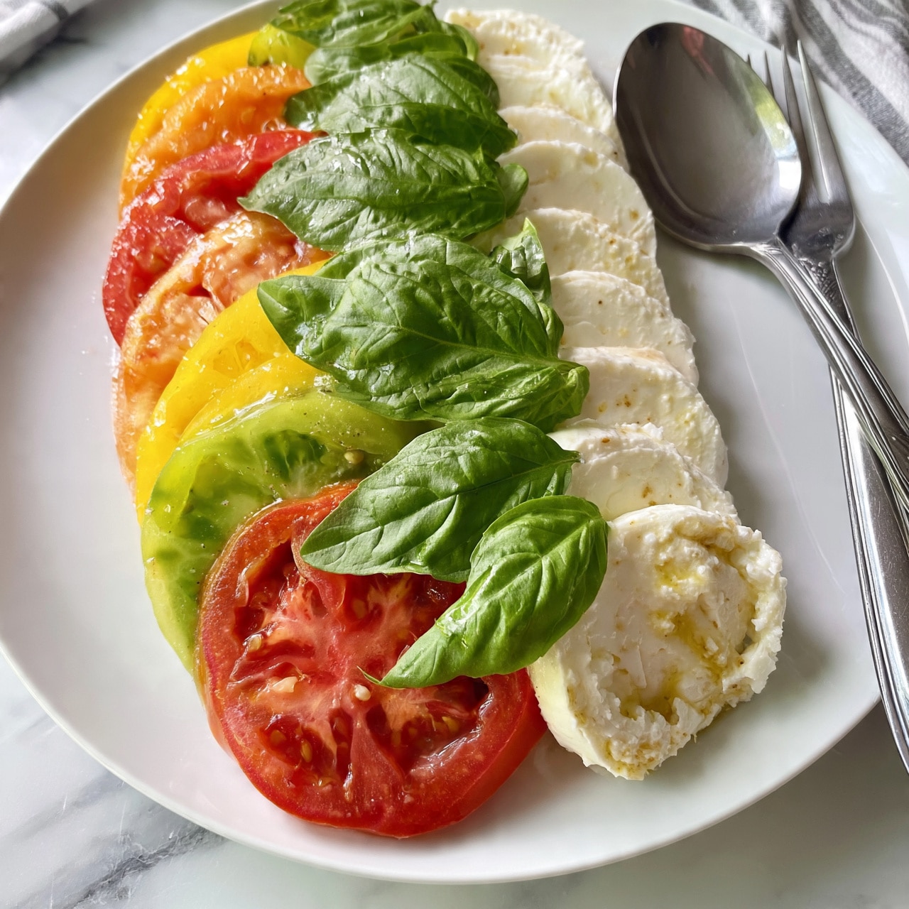 square image This dish is a Caprese salad arranged on a white plate with layers of tomato slices and white cheese rounds placed side by side. The tomatoes come in red, yellow, and green colors, showing a mix of smooth and slightly juicy textures. On top of these layers, fresh green basil leaves are spread evenly, adding a touch of vibrant color and leafy texture. A silver spoon and fork rest on the right side of the plate. The whole setting is on a white marbled surface with a hint of a striped cloth in the background. photo taken with an iphone --ar 4:5 --v 7